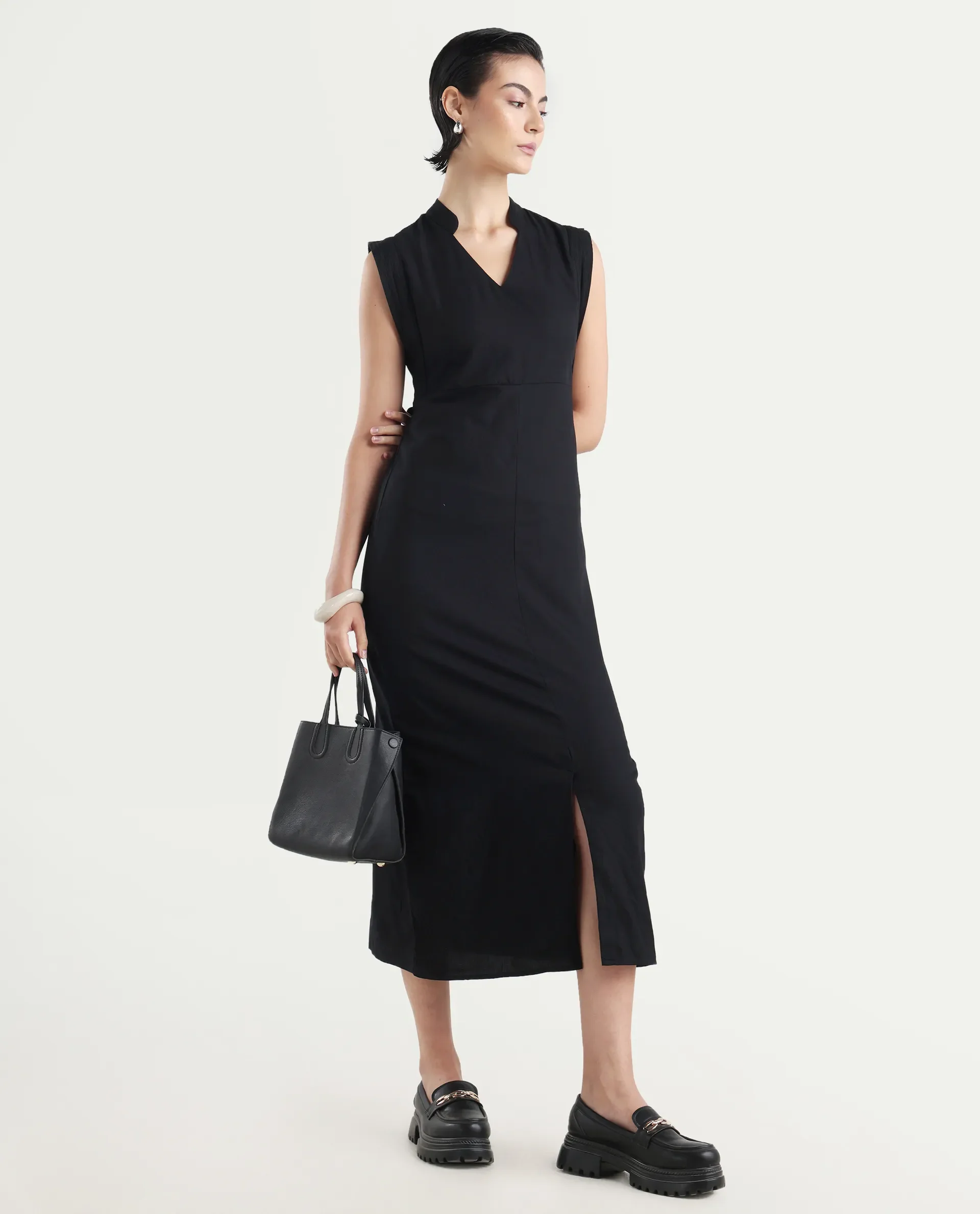 Rareism Women's Jenzo Black Cotton Sleeveless Mandarin Collar Straight Fit Plain Dress