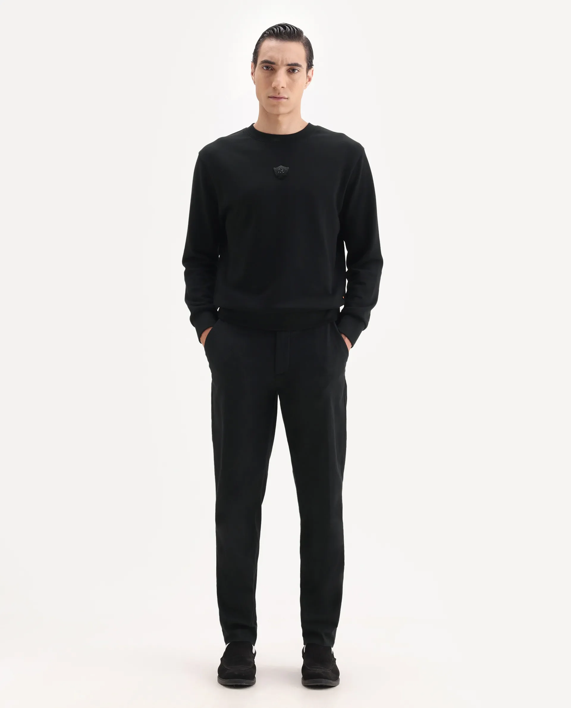 Rare Rabbit Men's Jes Black Cotton Blend Jacquard Relaxed Fit Trouser