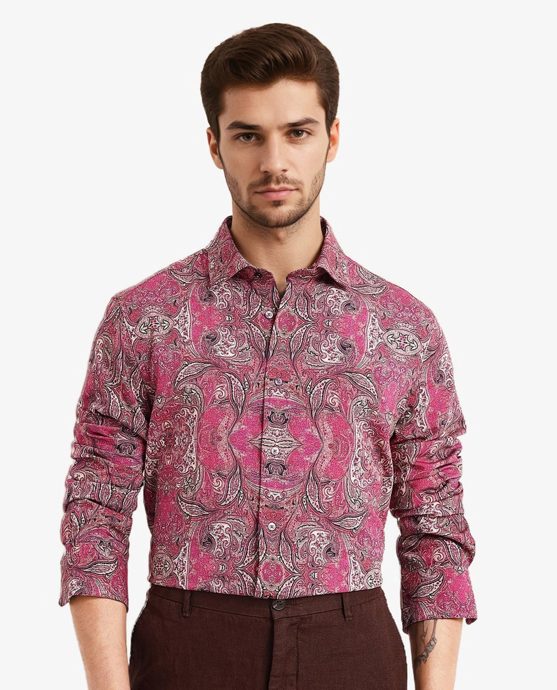Rare Rabbit Men's Jeto Dark Pink Viscose Paisley Print Regular Fit Full Sleeve Collared Shirt