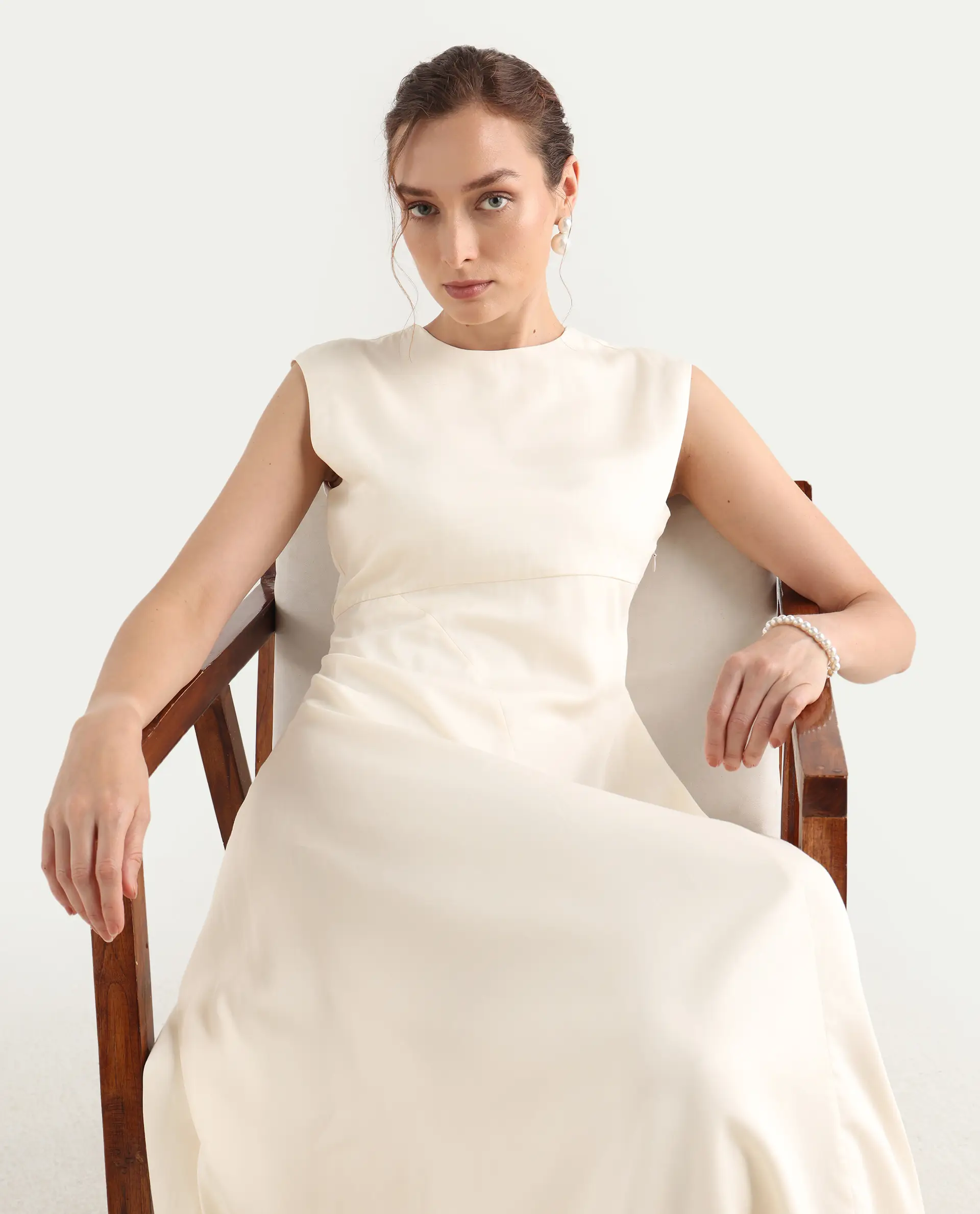 Rareism Women's Jio Off-White Cotton Blend Plain Fit And Flare Dress