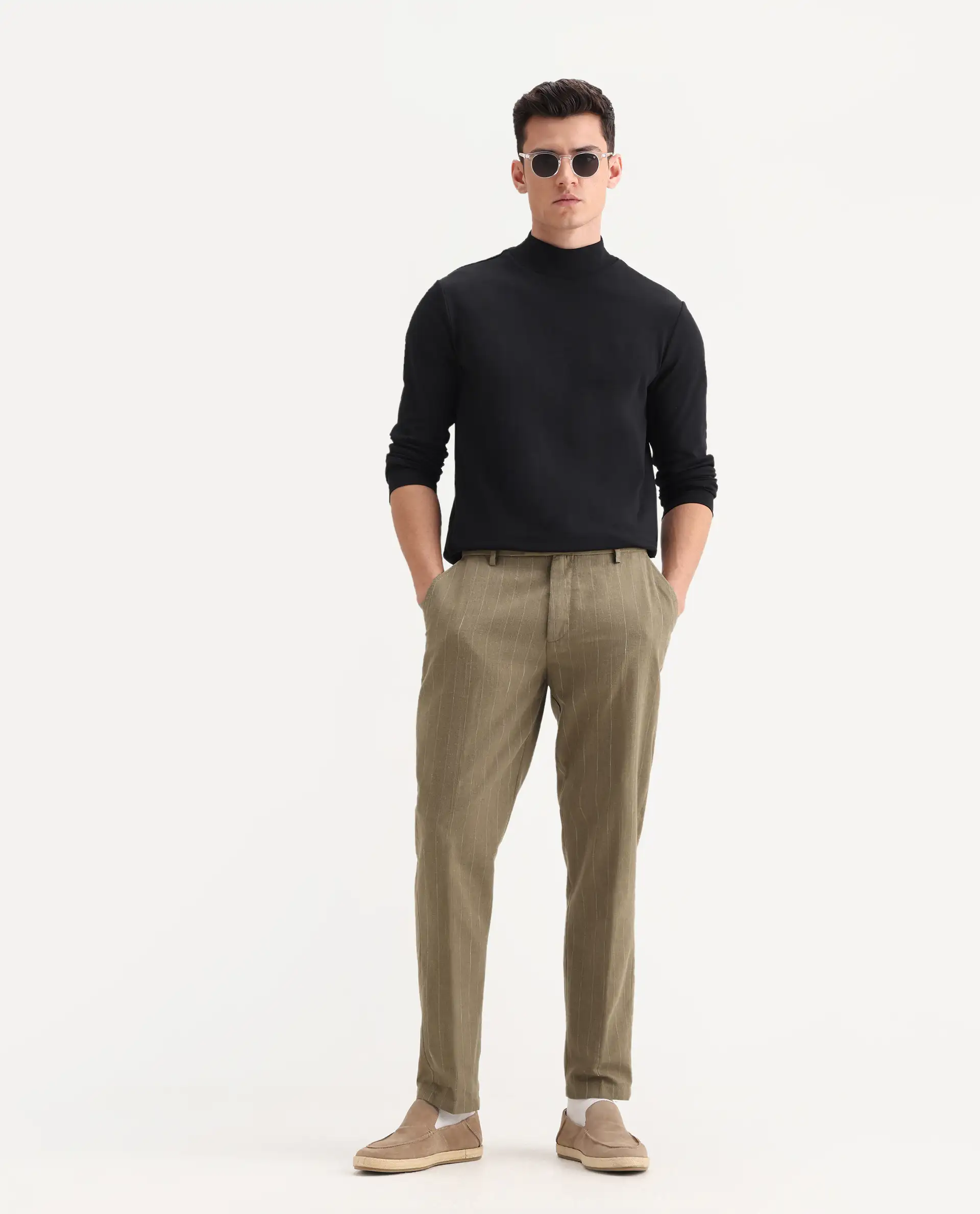 Rare Rabbit Men's Jlo Khaki Cotton Blend Striped Print Relaxed Fit Trouser