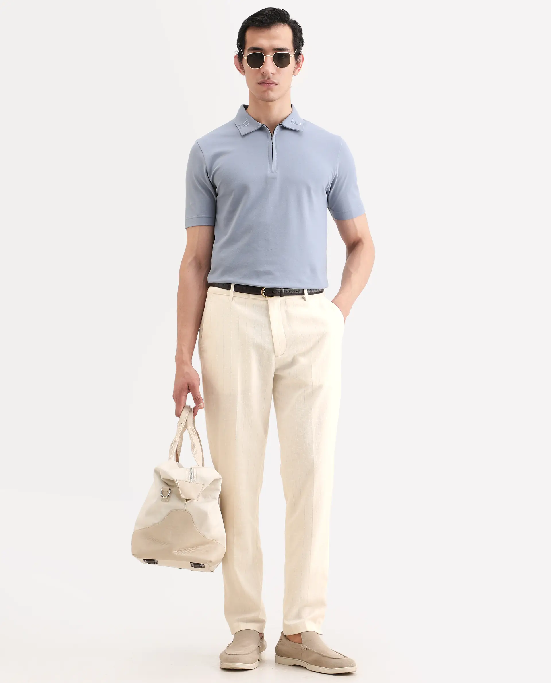 Rare Rabbit Men's Jlo-Ss26 Beige Linen Blend Fabric Regular Fit Striped Trouser