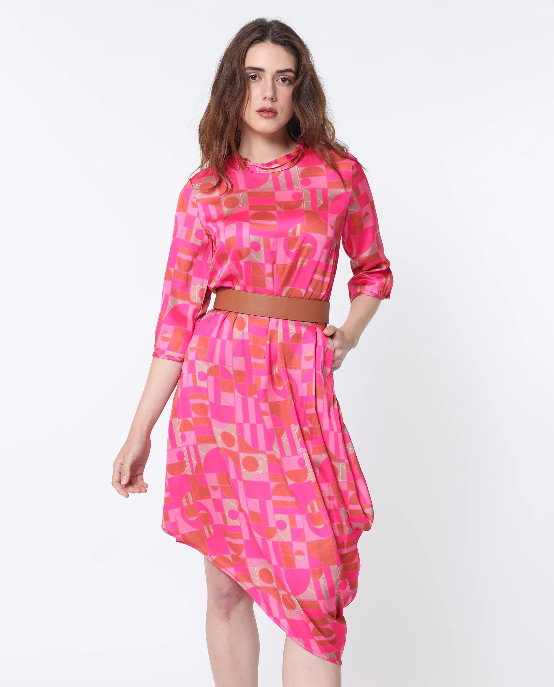 Rareism Women's Johnstone Pink Polyester High Neck Geometric Print Knee Length Slim Fit Dress