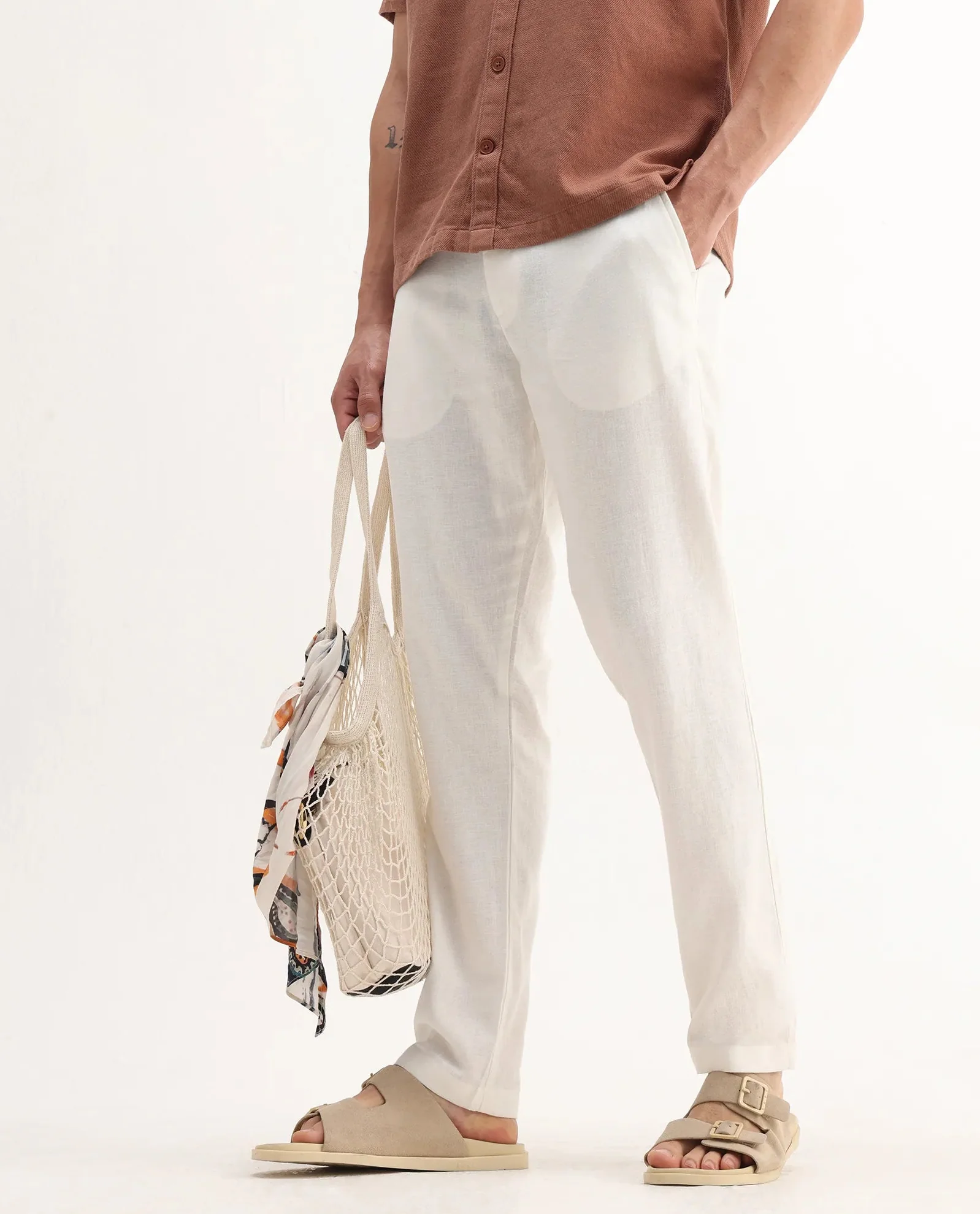 Rare Rabbit Men's Jomo-B White Linen Blend Plain Regular Fit Trouser