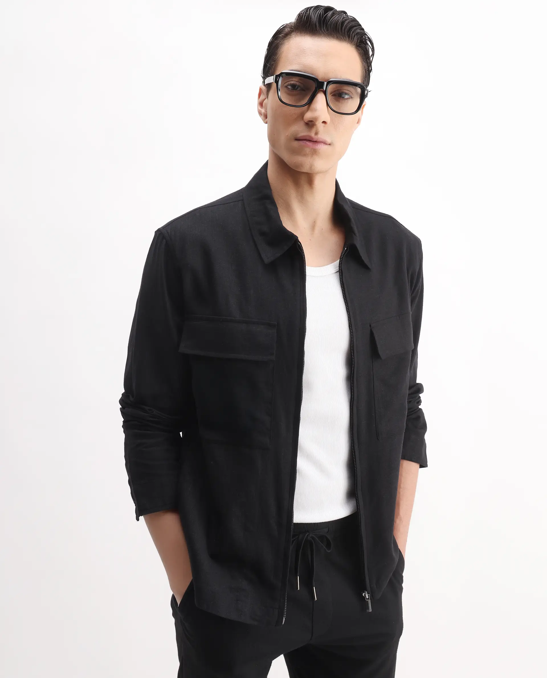 Rare Rabbit Men's Jomo-T Black Linen Blend Plain Relaxed Fit Full Sleeve Collared Shaket