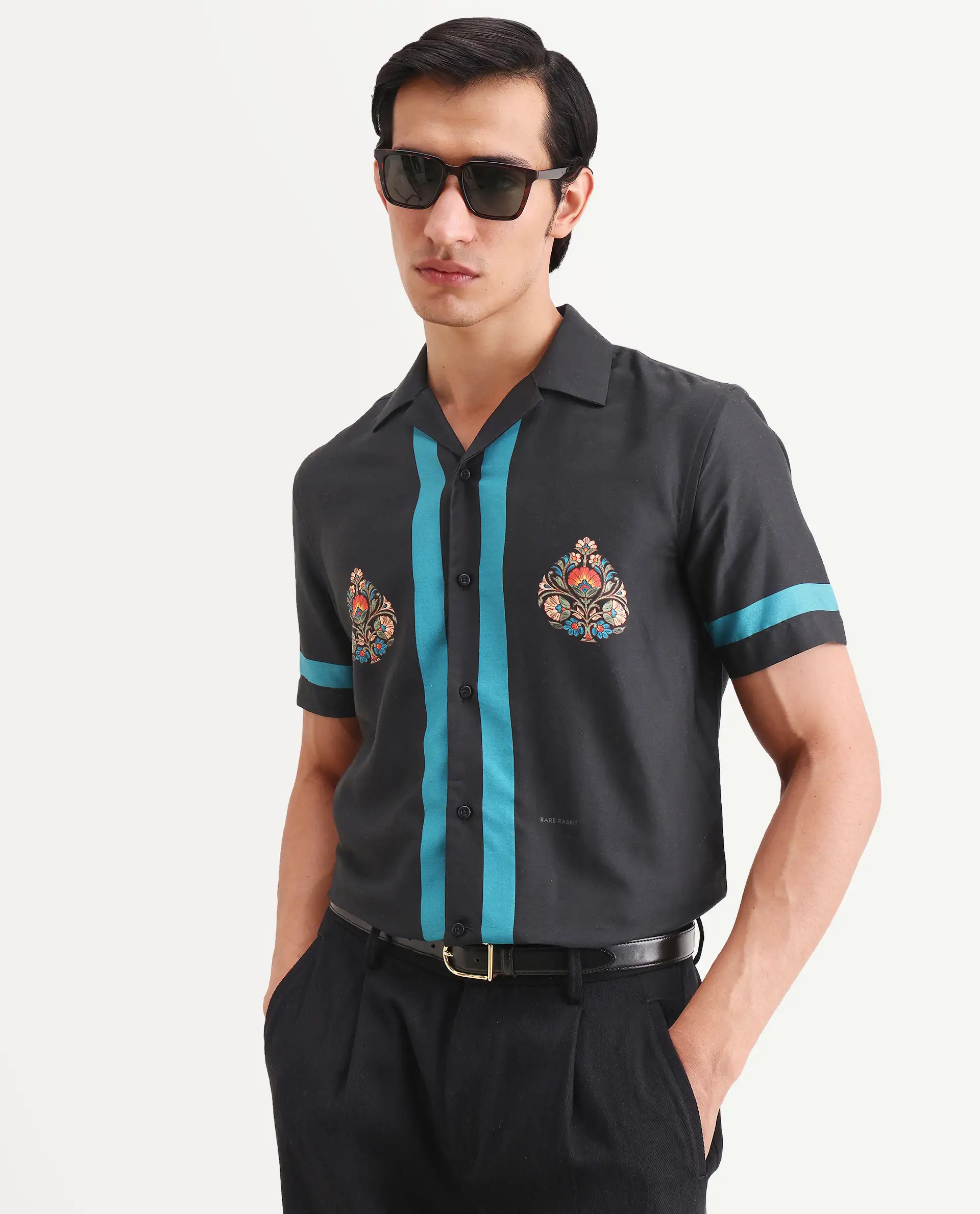 Rare Rabbit Men's Jumble Dark Black Cotton Fabric Full Sleeve Spread Collar Regular Fit Embroidered Shirt