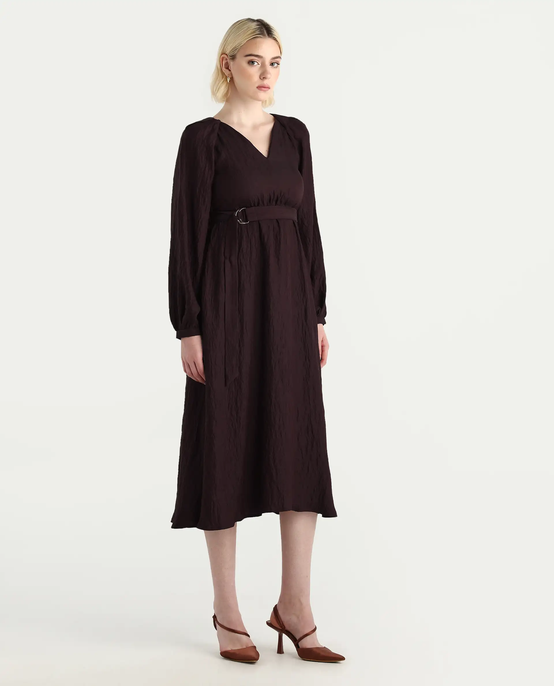 Rareism Women's Jumi Dark Brown Viscose Blend Raglan Sleeves V-Neck Flared Fit Plain Dress