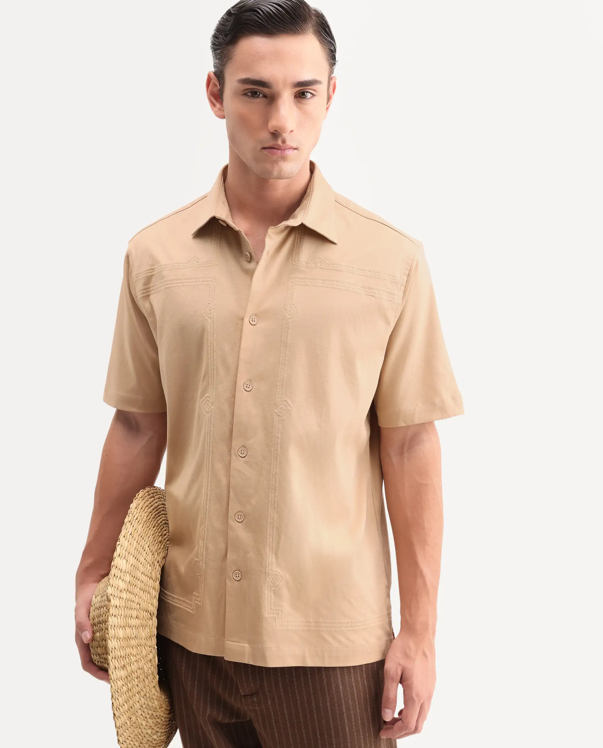 Rare Rabbit Men's Jupi Beige Cotton Fabric Spread Collar Regular Fit Embroidered Shirt