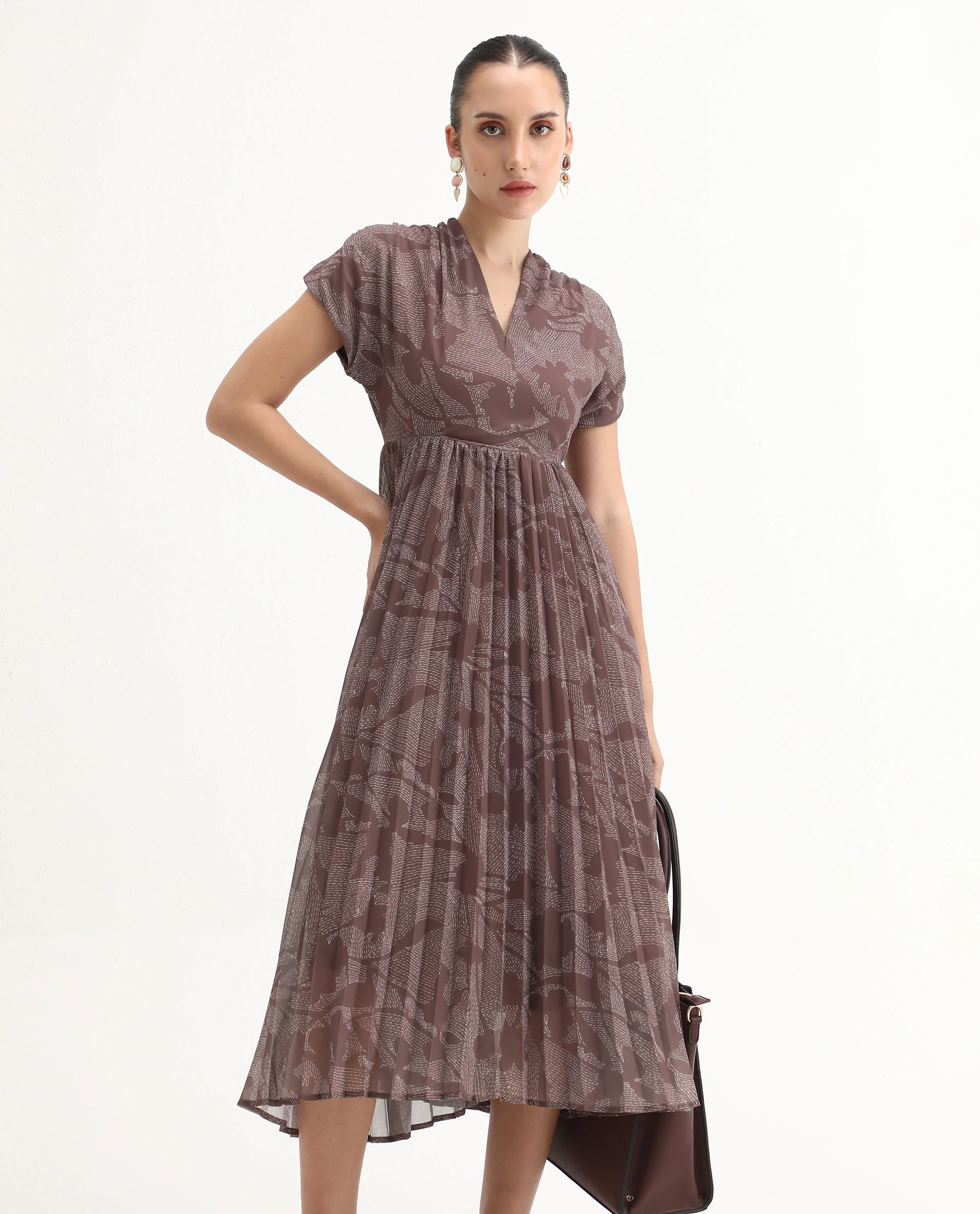 Rareism Women's Juremi Light Brown Cotton V-Neck Fit And Flare Printed Dress
