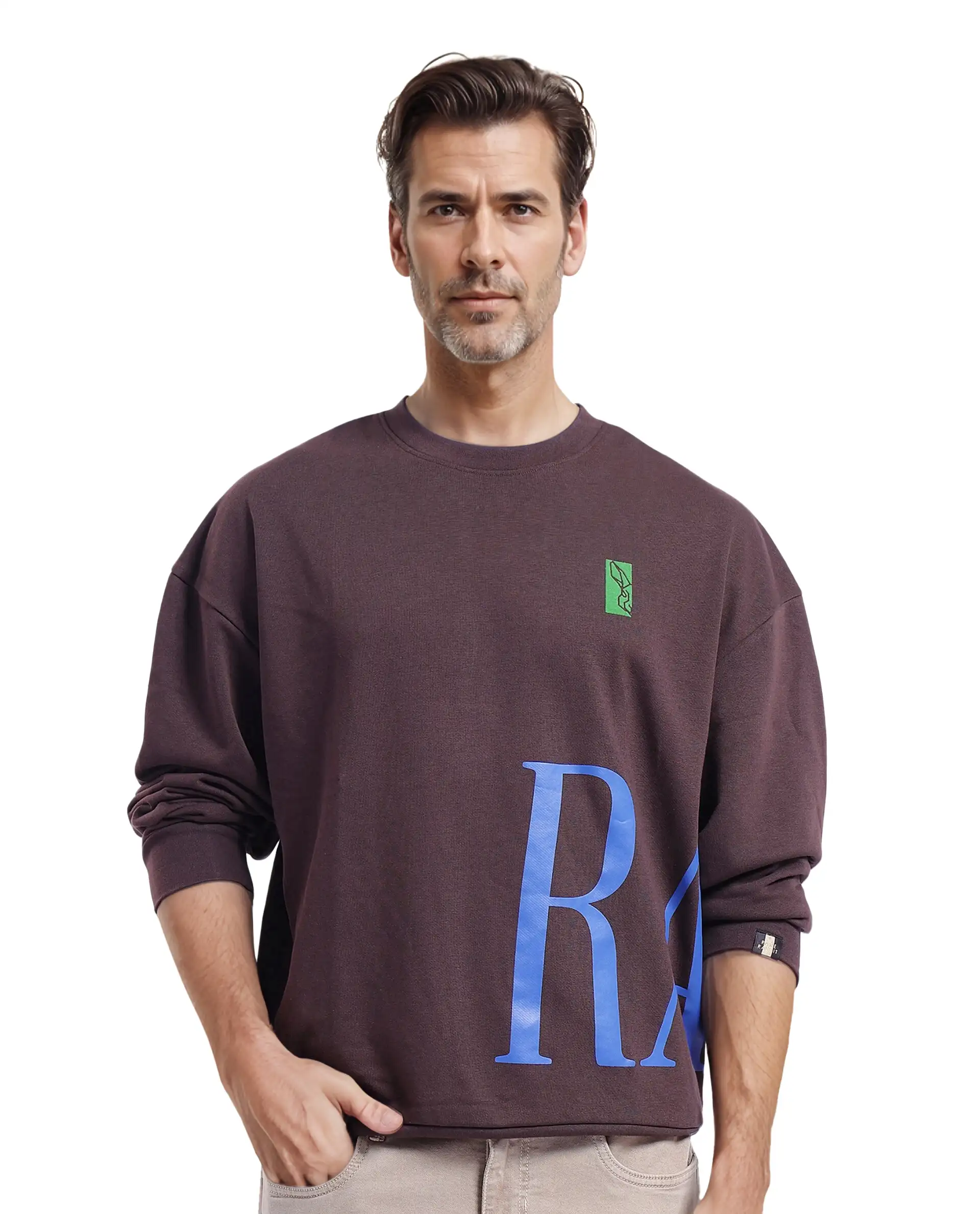Rare Rabbit Men's Kacey Dark Brown Cotton Graphic Print Oversized Fit Full Sleeve Crew Neck Sweatshirt