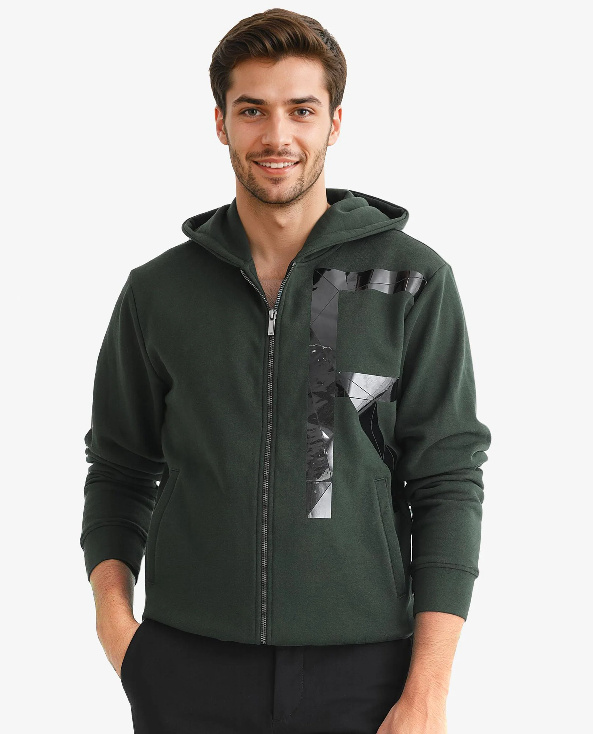 Rare Rabbit Men's Kaden Green Cotton Graphic Print Regular Fit Full Sleeve Hooded Sweatshirt