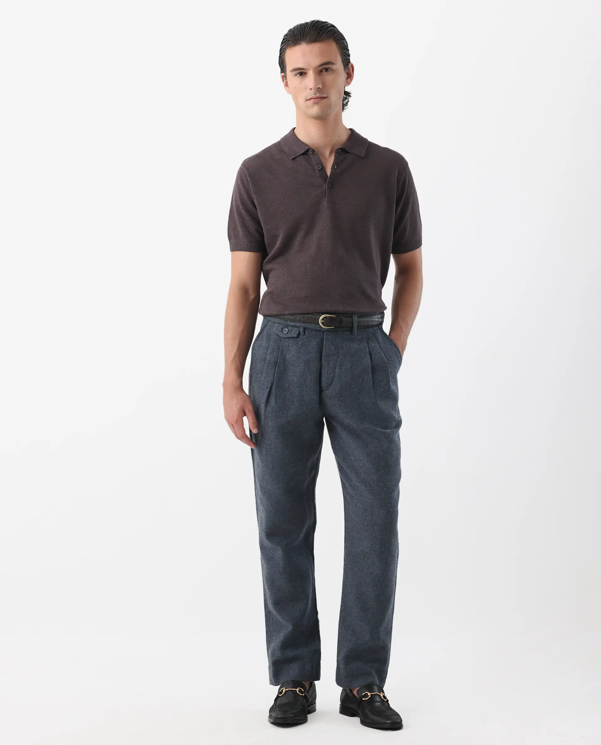 Rare Rabbit Men's Kaino Navy 100% Linen Plain Regular Fit Trouser