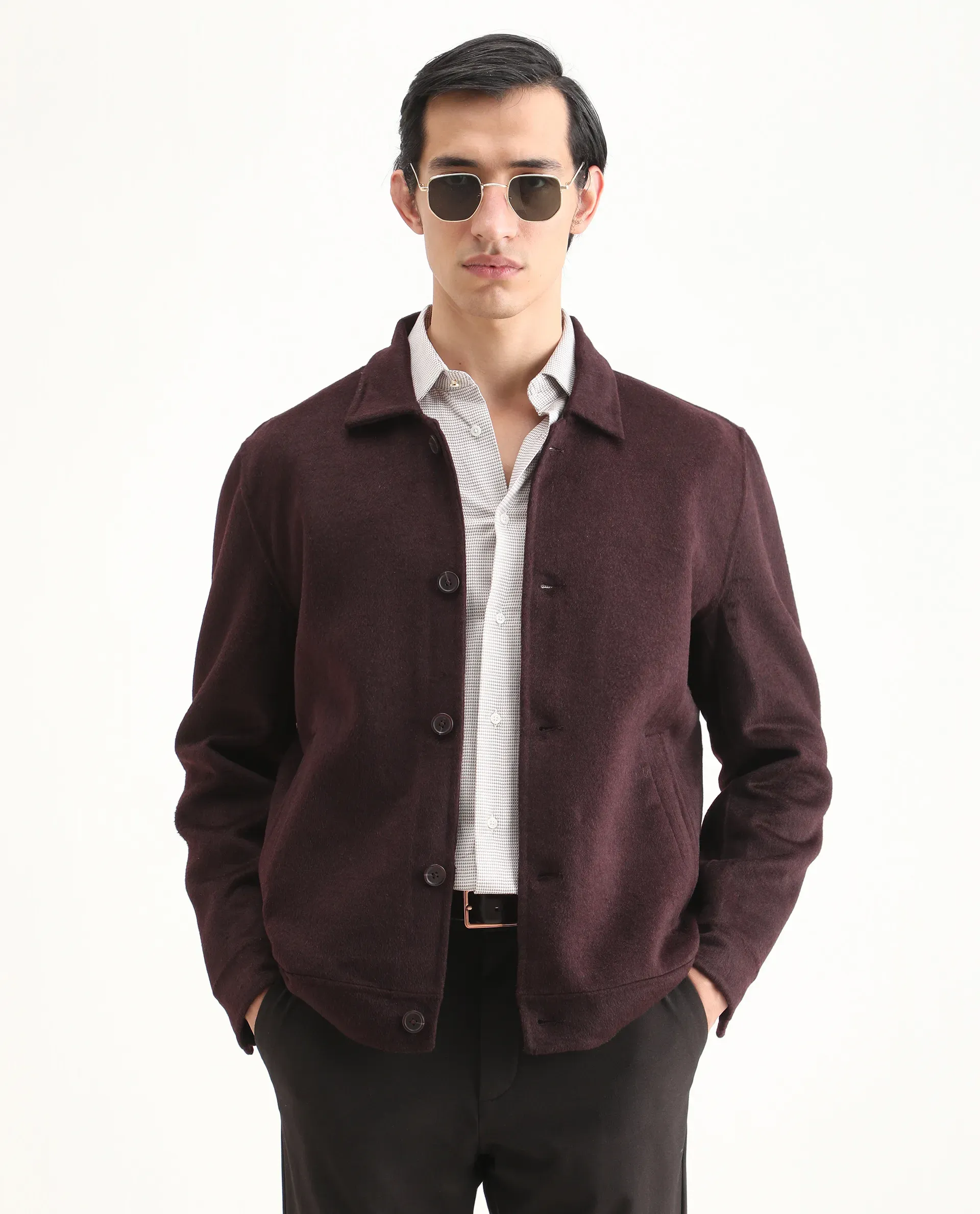 Rare Rabbit Men's Kanei Dark Maroon Polyester Blend Fabric Collared Neck Regular Plain Jacket