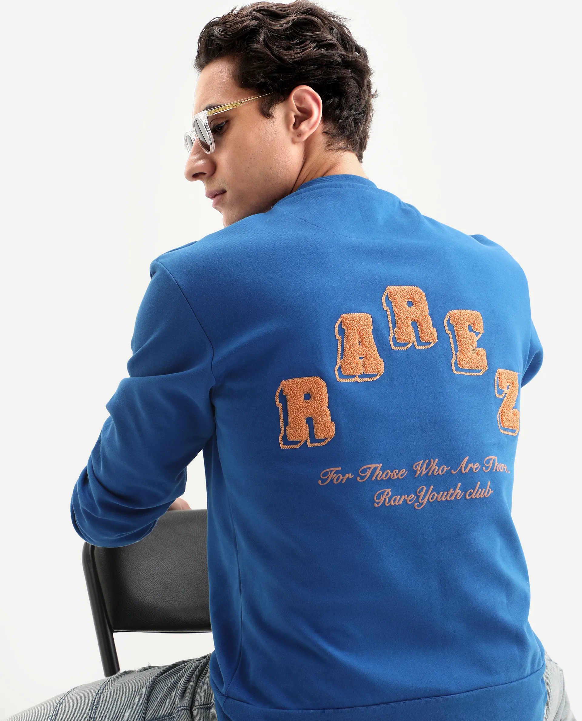 Rare Rabbit Men's Kany-2 Blue Cotton Embroidered Regular Fit Full Sleeve Crew Neck Sweatshirt