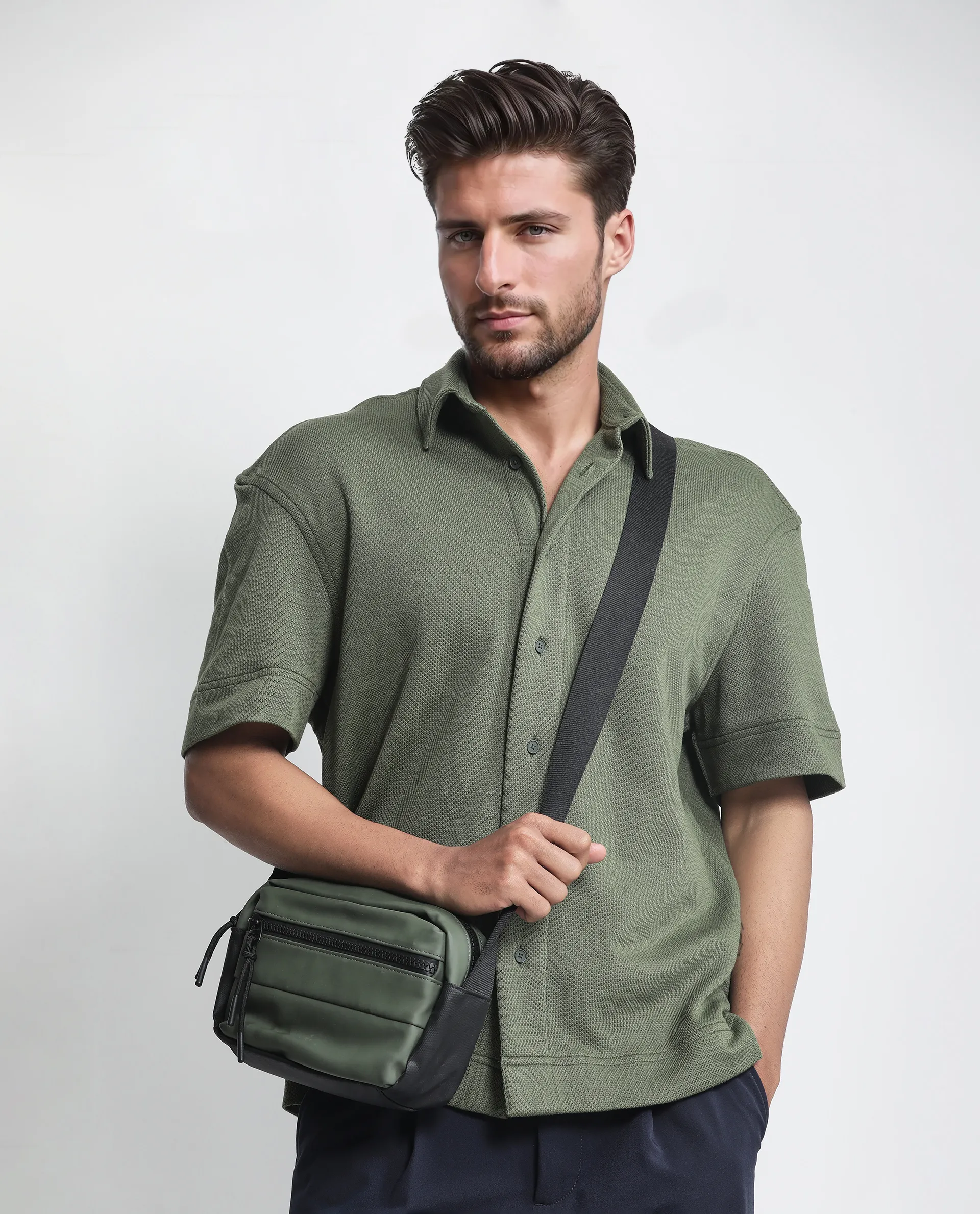 Rare Rabbit Men's Kash Dark Green Viscose Plain Boxy Fit Half Sleeve Collared Shirt