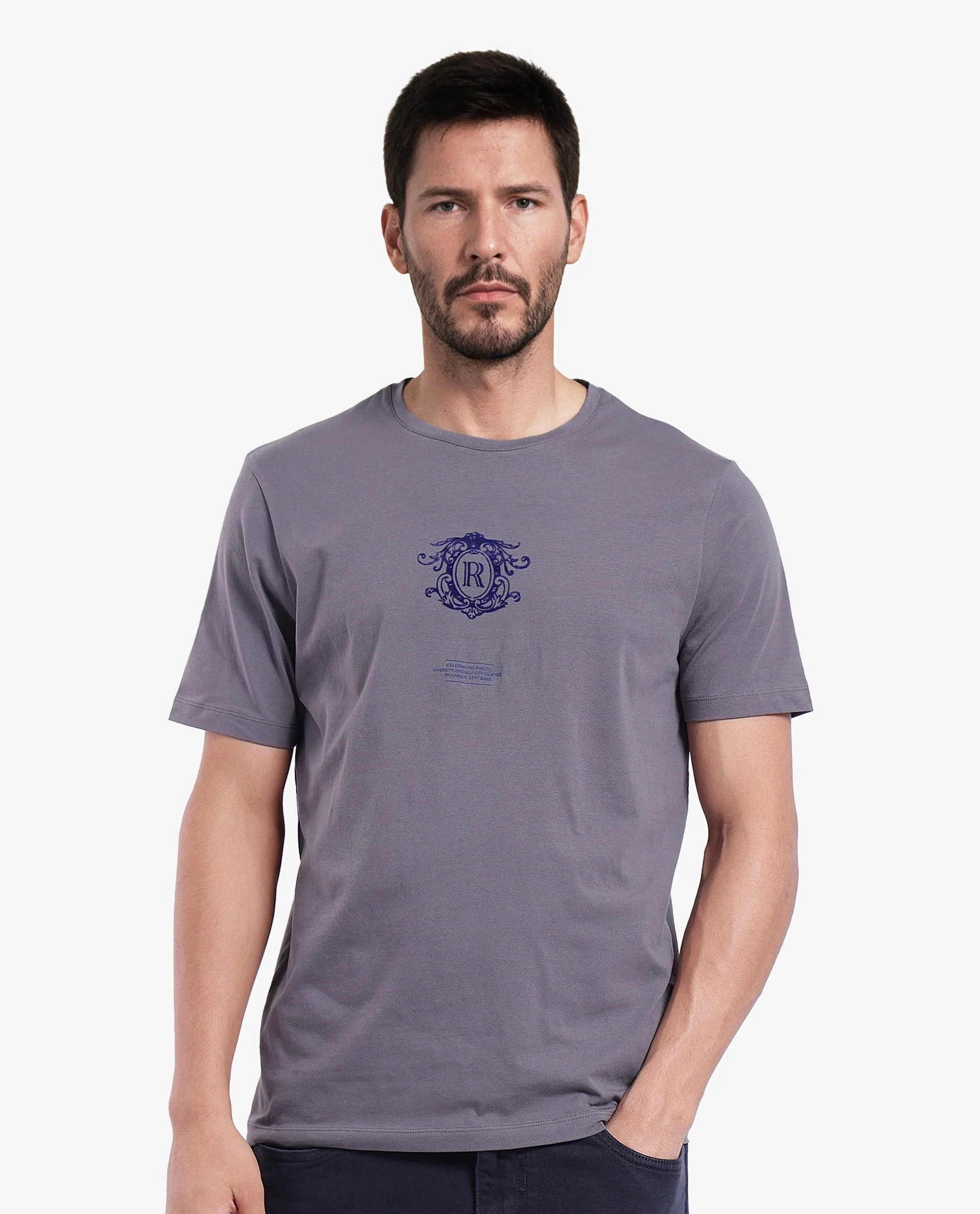 Rare Rabbit Men's Ker Light Grey Cotton Graphic Print Regular Fit Half Sleeve Crew Neck T-Shirt
