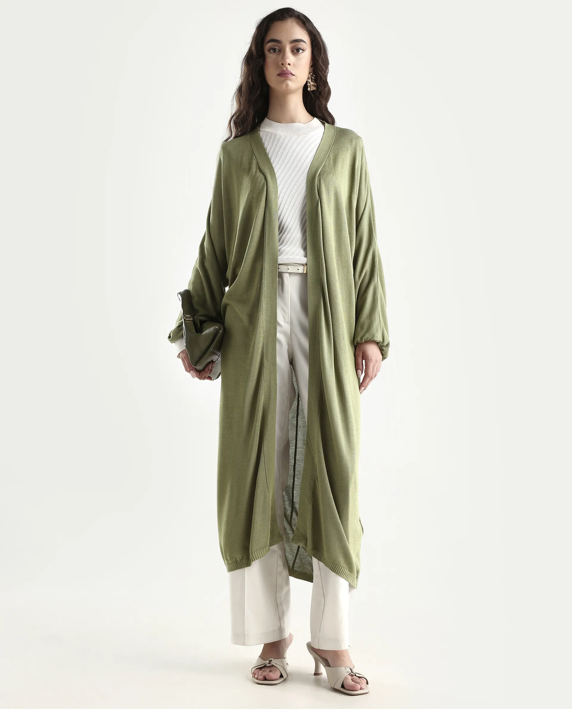 Rareism Women's Keya Pastel Green Cotton Collarless Plain Extended Sleeves Midi Relaxed Fit Shrug