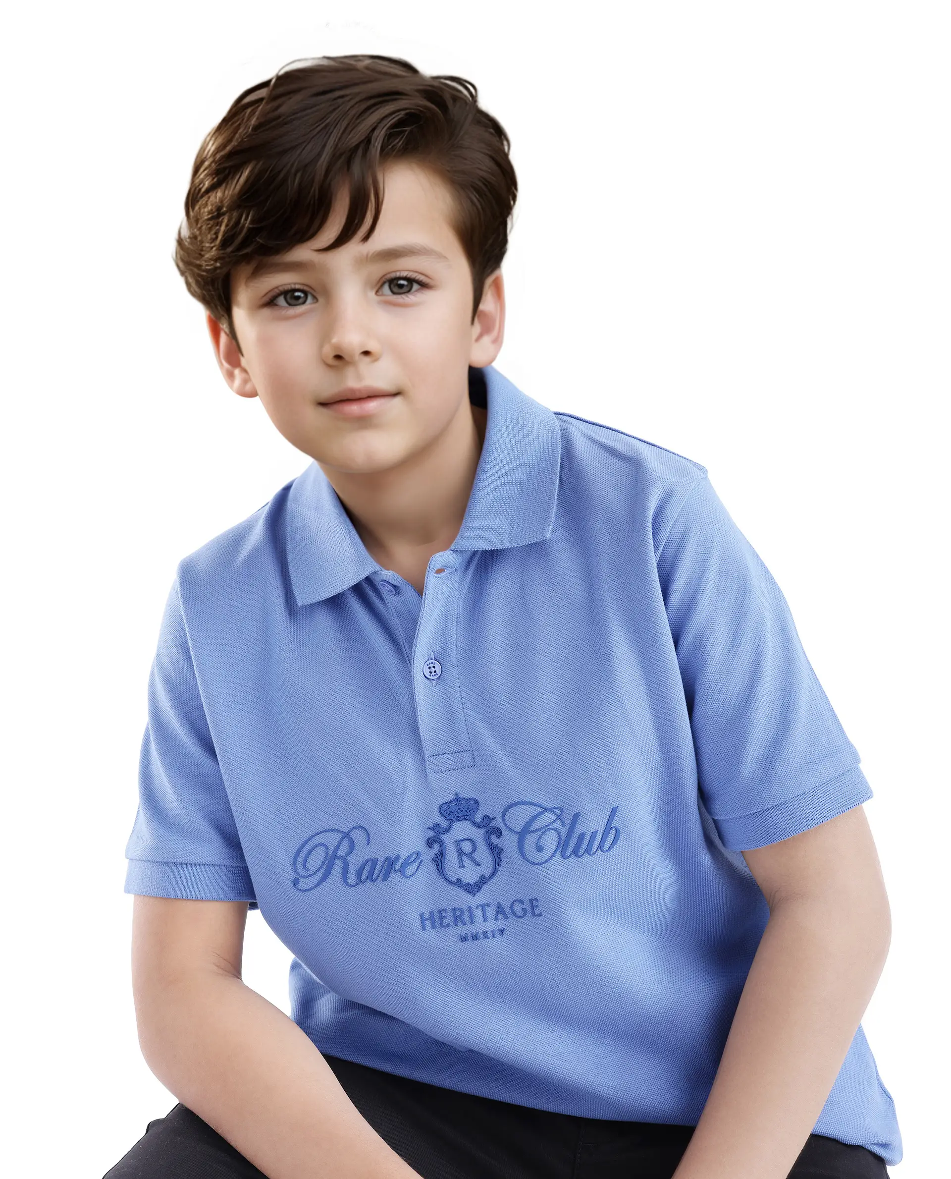 Rare Ones Kids Aimo Dark Blue Cotton Short Sleeve Collared Neck Hd Print Polo