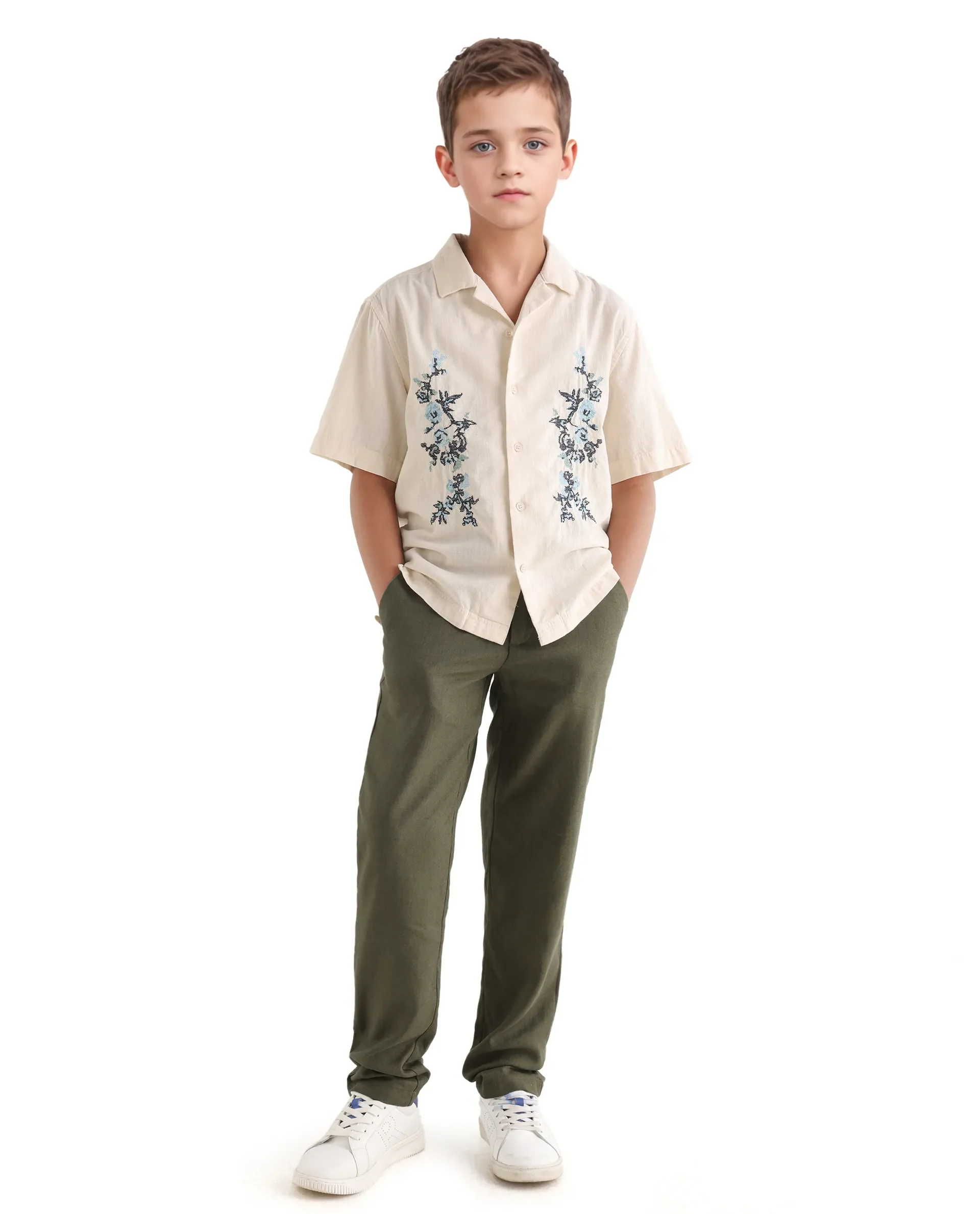 Rare Ones Kids Jomok-B Olive Linen Blend Solid Drawstring Closure Regular Fit Trouser