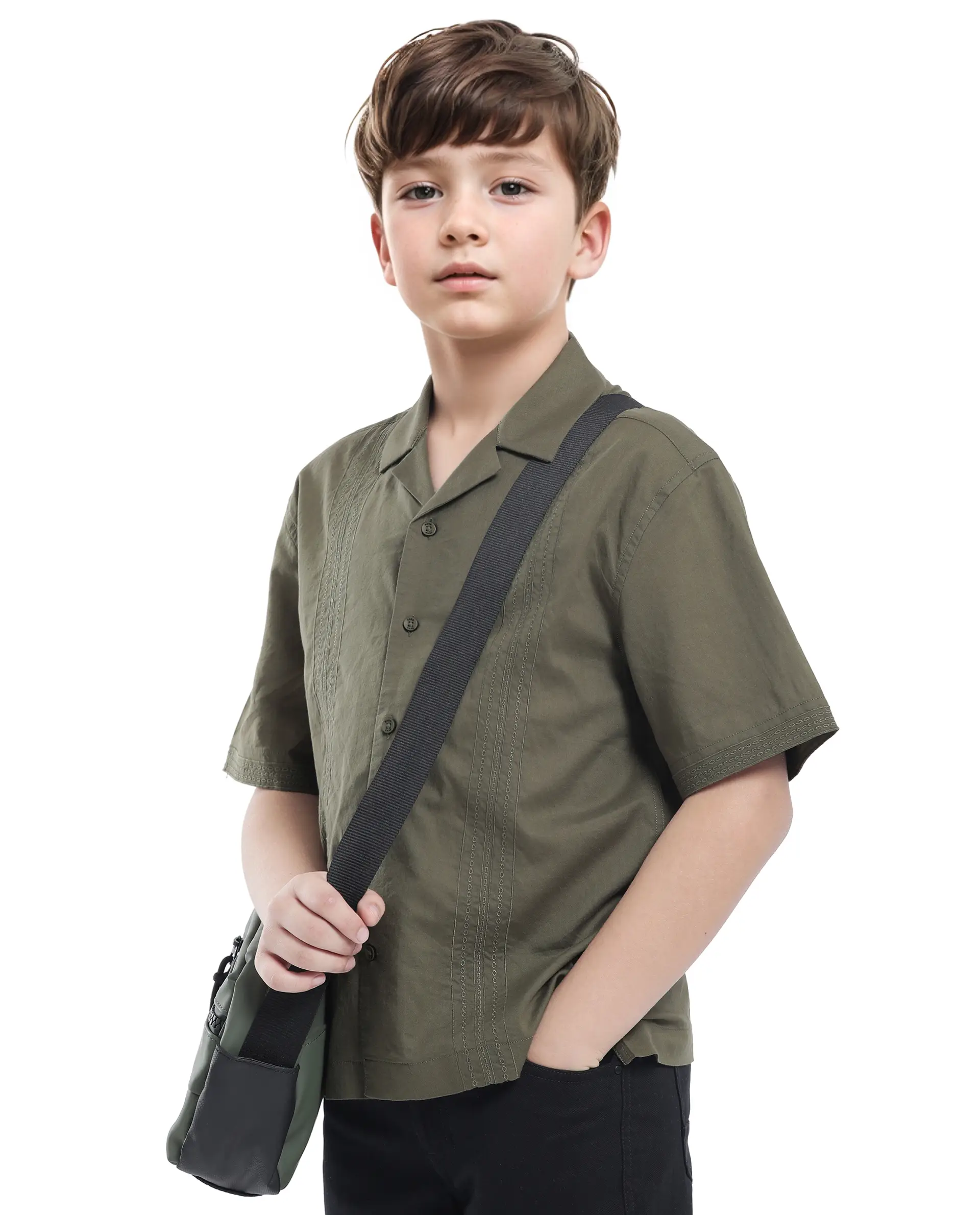 Rare Ones Kids Kyte-S Olive Cotton Blend Half Sleeve Solid Button Closure Regular Fit Shirt