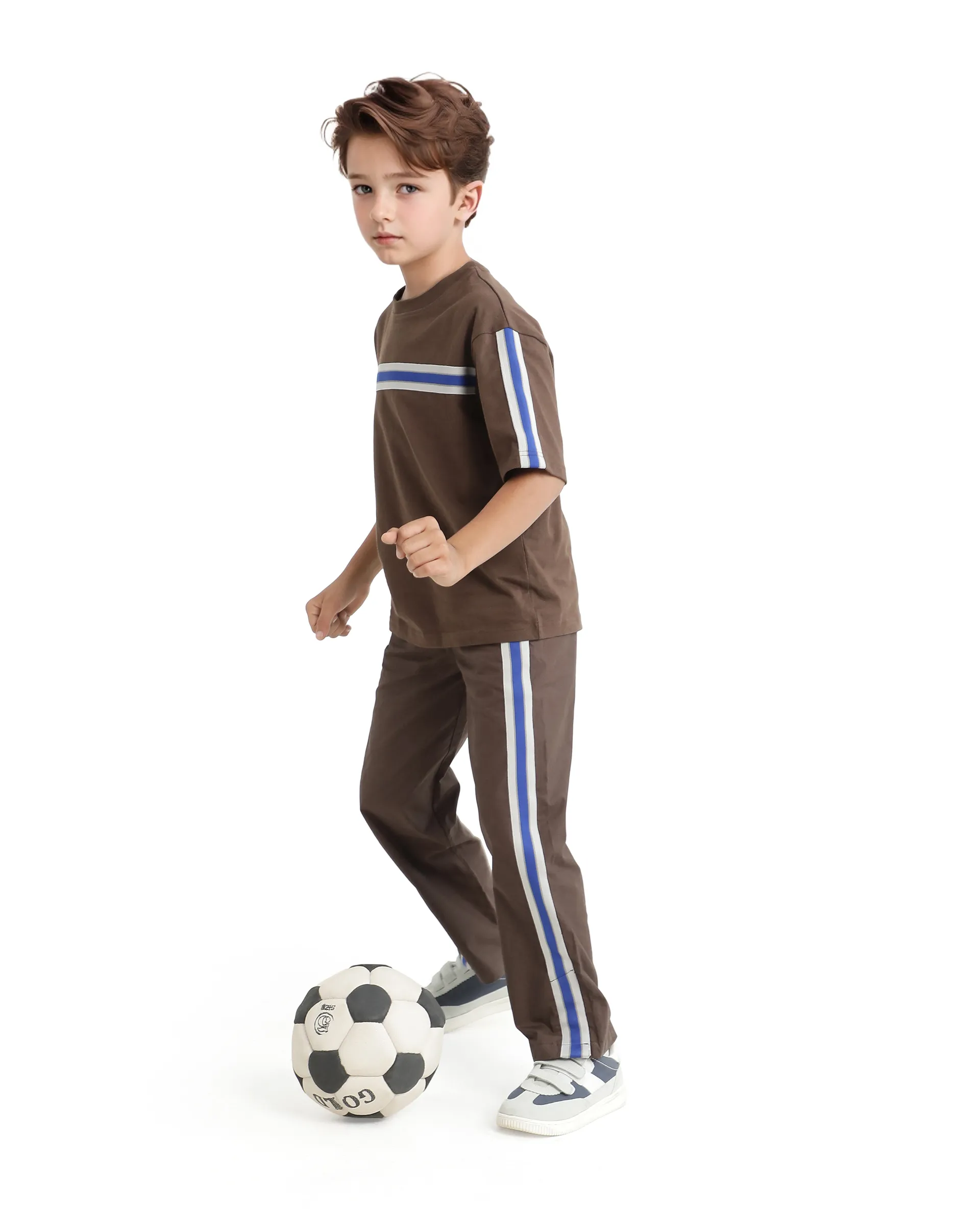 Rare Ones Kids Taper-B Brown Tape Detailed Button And Zip Closure Regular Fit Cotton Trouser