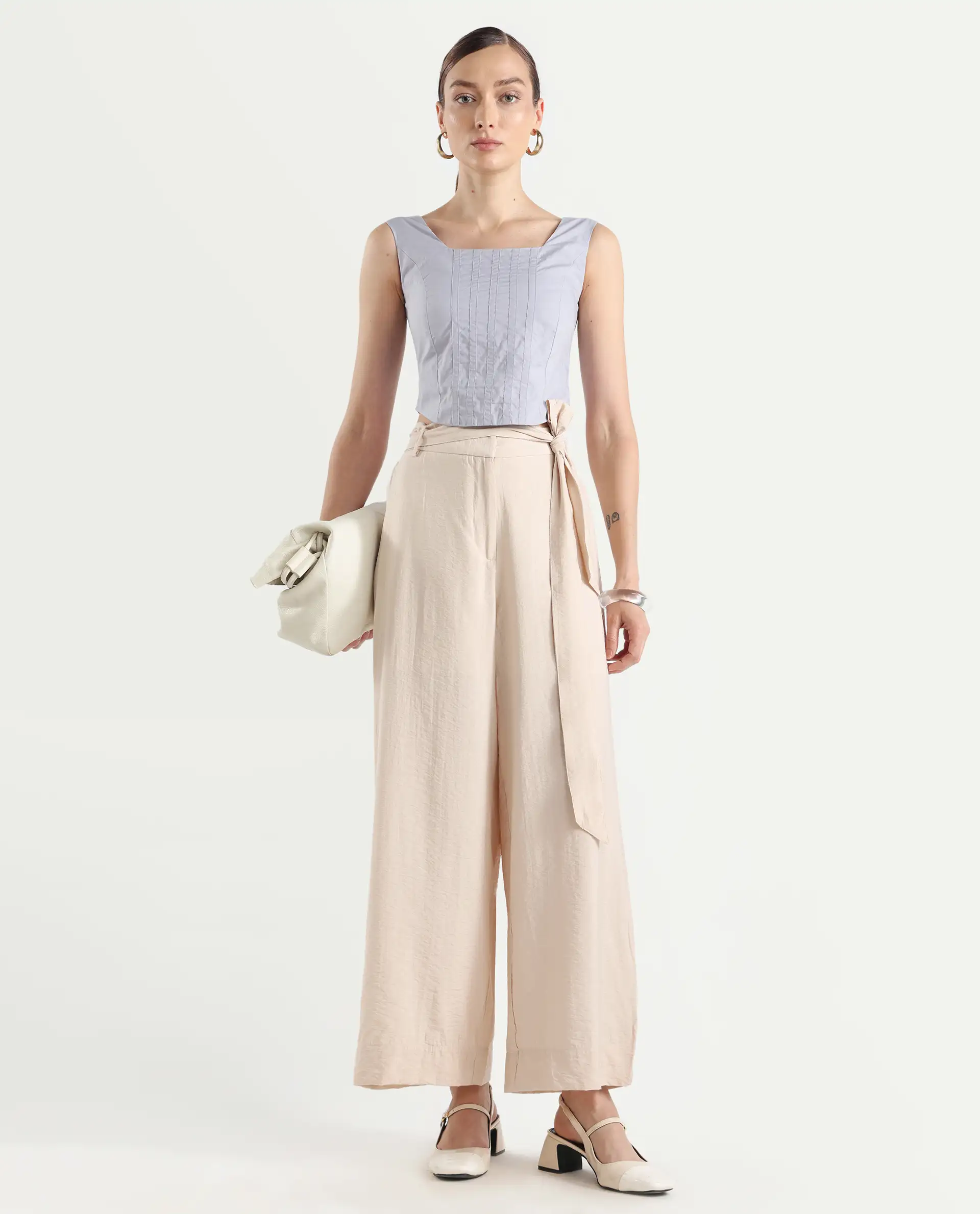 Rareism Women's Kingko Beige Cotton Blend Plain Ankle Length Straight Fit Trouser