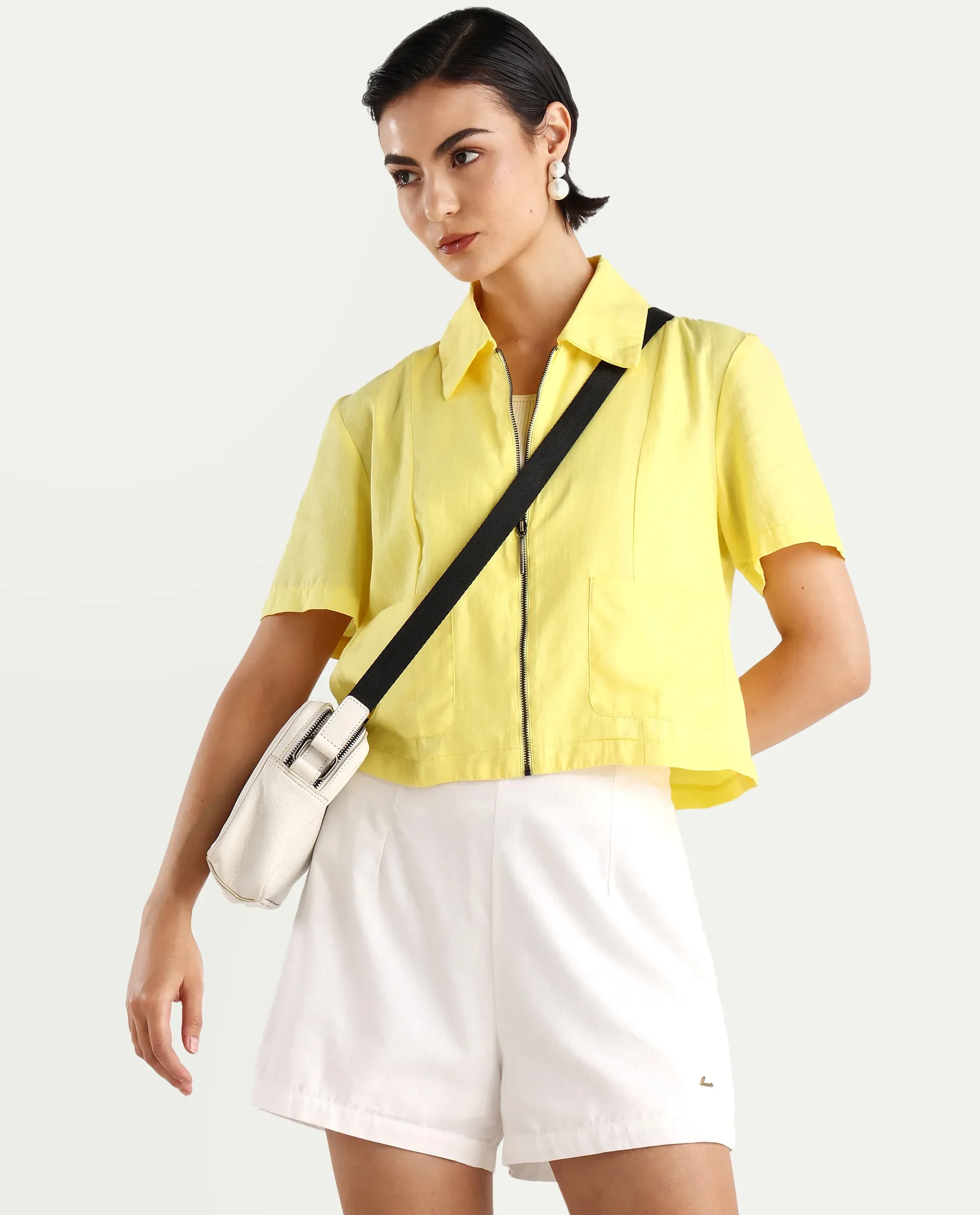 Rareism Women's Klappy Yellow Viscose Blend Drop Collar Plain Crop Regular Fit Top