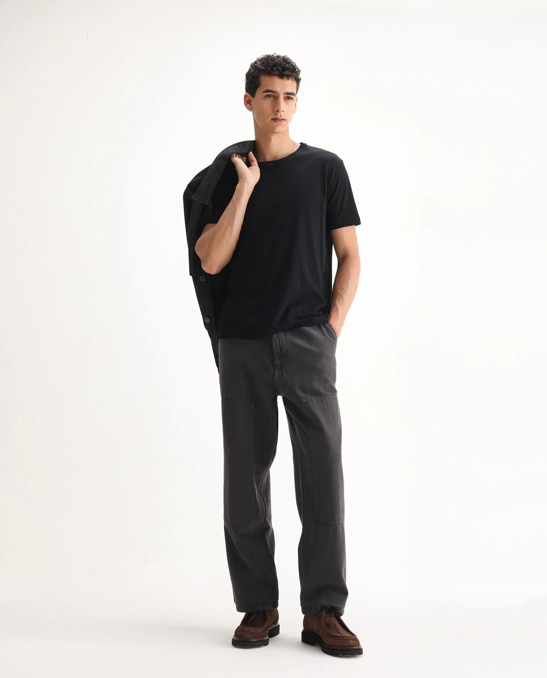 Rare Rabbit Men's Klop Dark Grey Cotton Plain Carpenter Fit Jeans