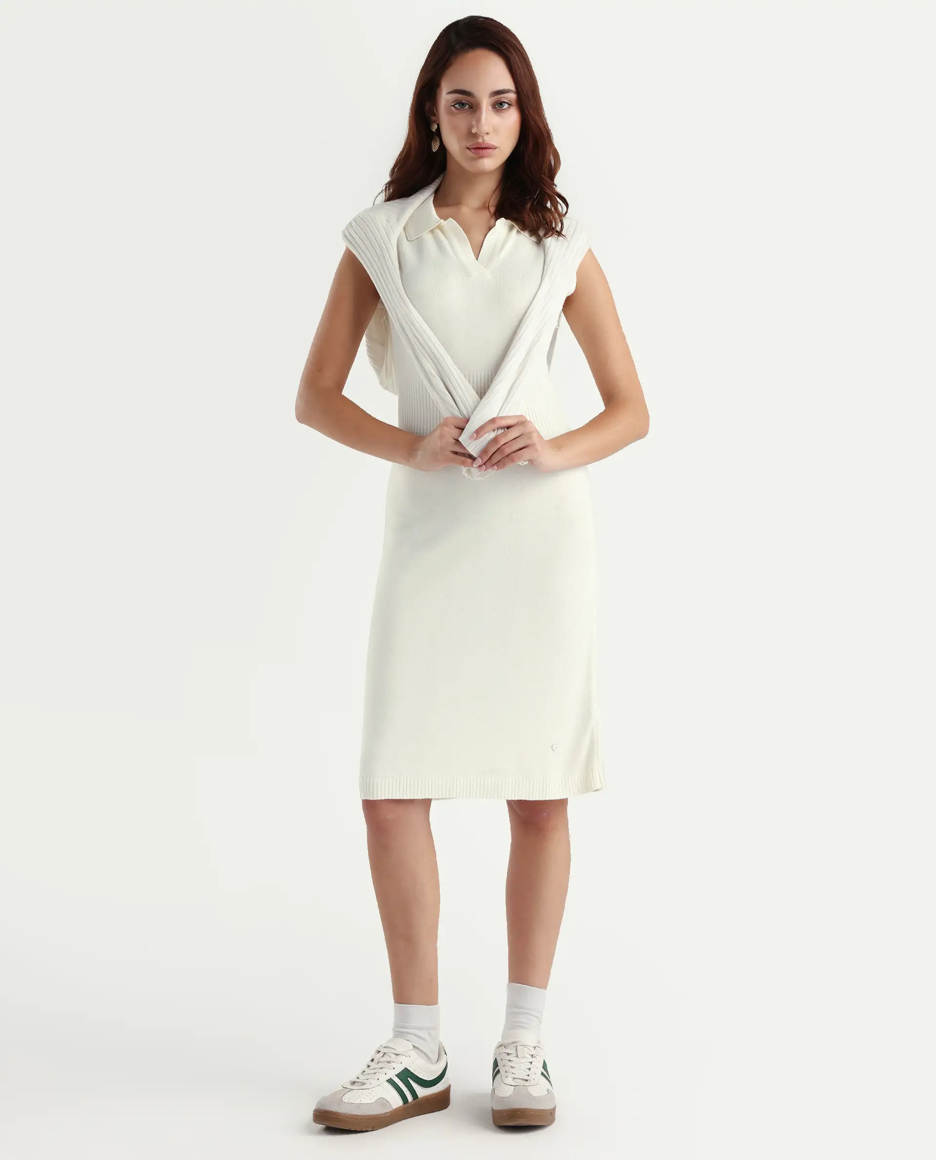 Rareism Women's Knitsy Off White Cotton Spread Collar Plain Sleeveless Knee Length Regular Fit Sweater