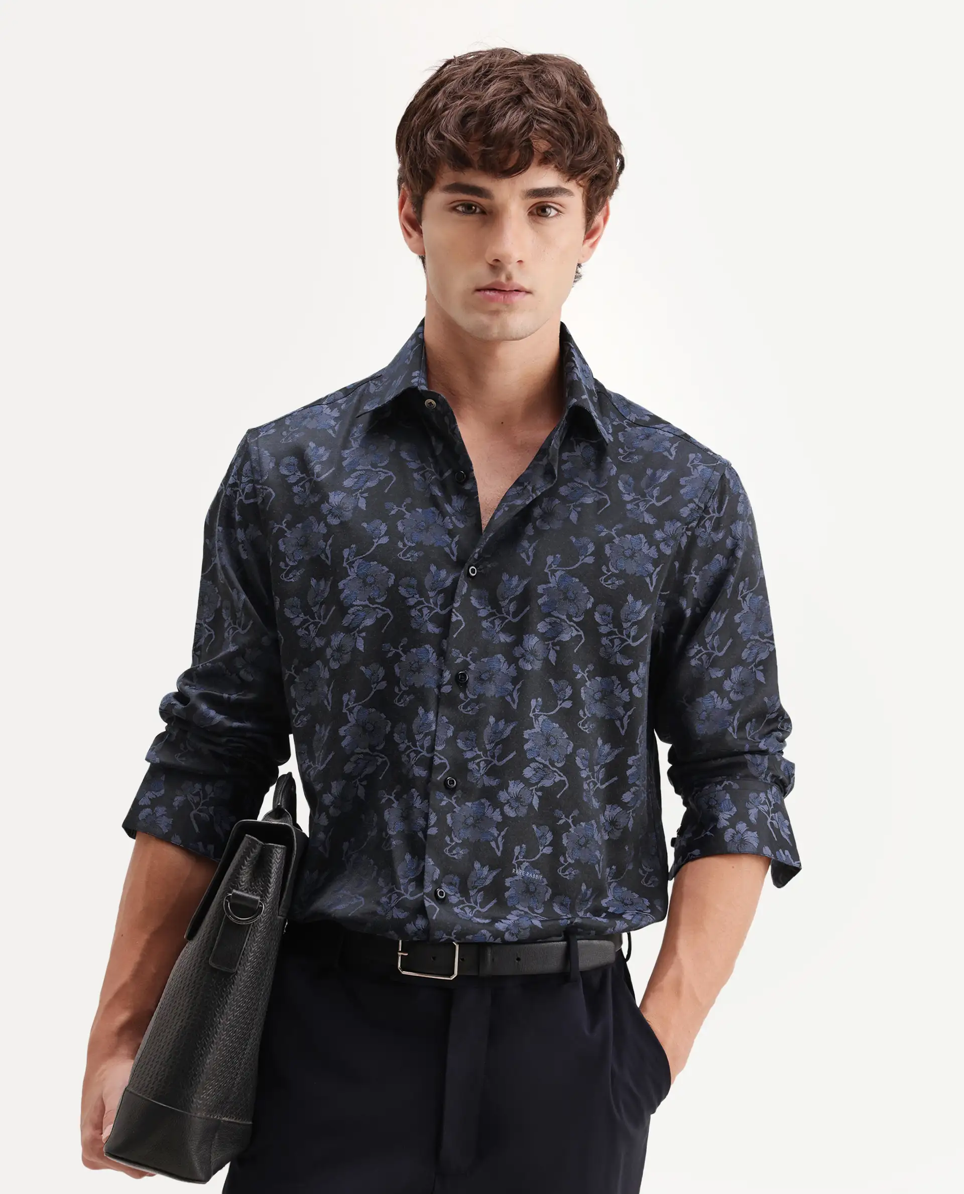 Rare Rabbit Men's Koba Dark Blue Polyester Blend Fabric Spread Collar Regular Fit Floral Print Shirt