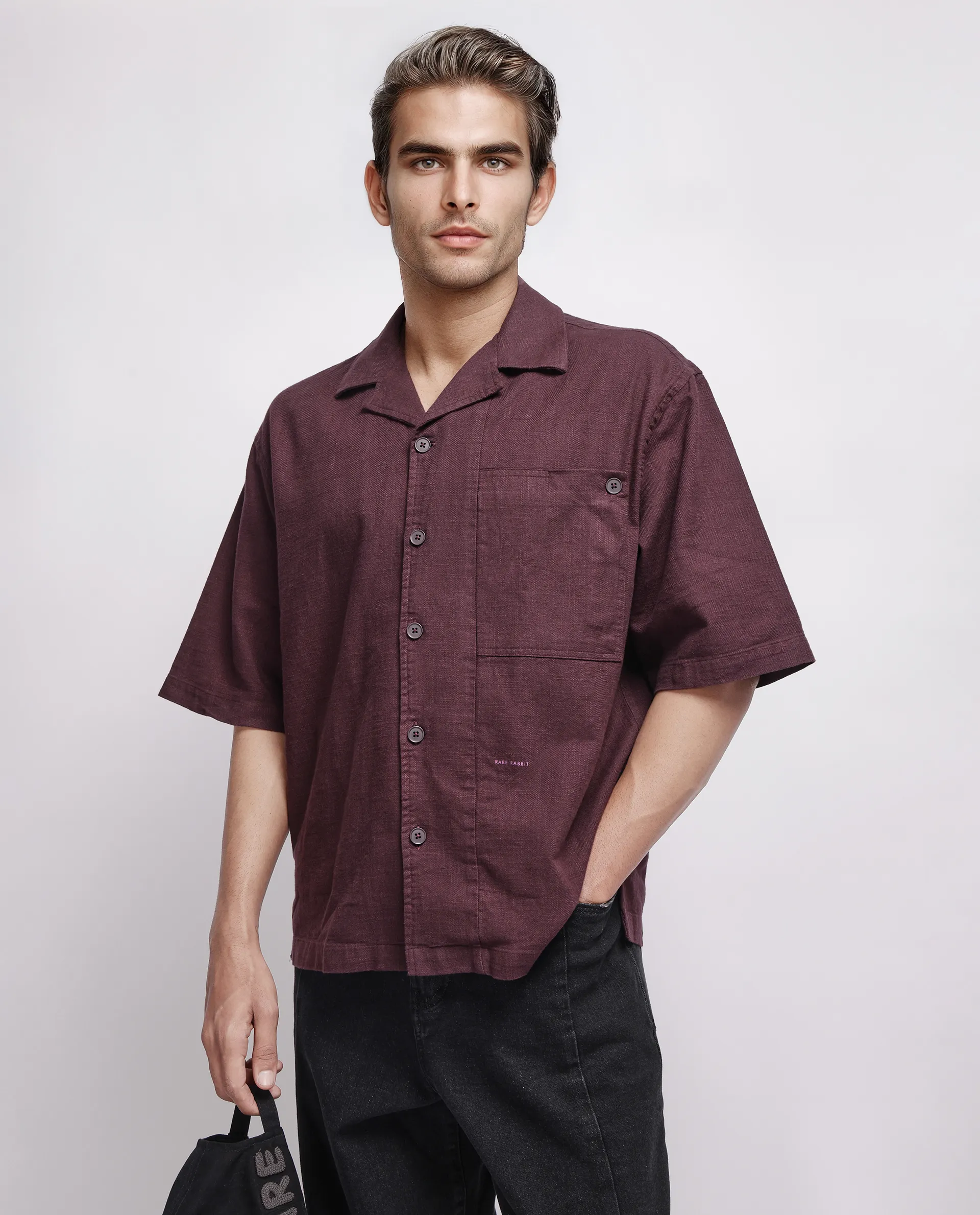 Rare Rabbit Men's Koba Dark Brown Cotton Plain Boxy Fit Half Sleeve Cuban Collar Shirt