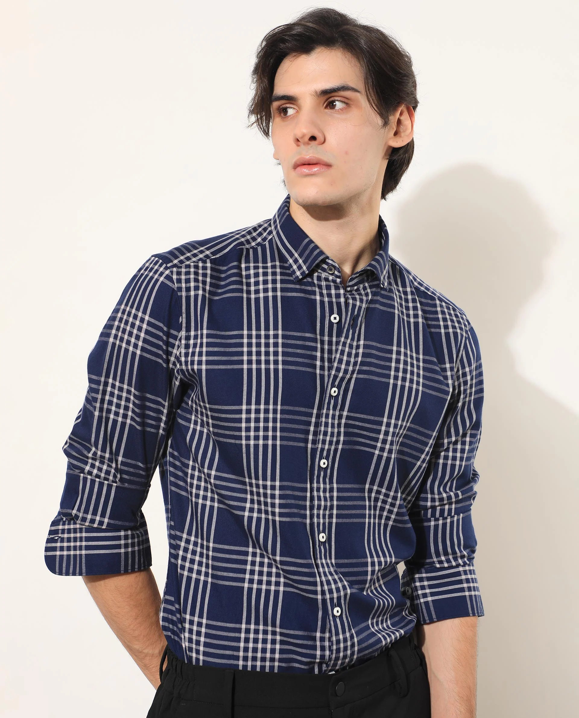 Rare Rabbit Men's Kolind Dark Blue Cotton Checked Print Regular Fit Full Sleeve Spread Collar Shirt