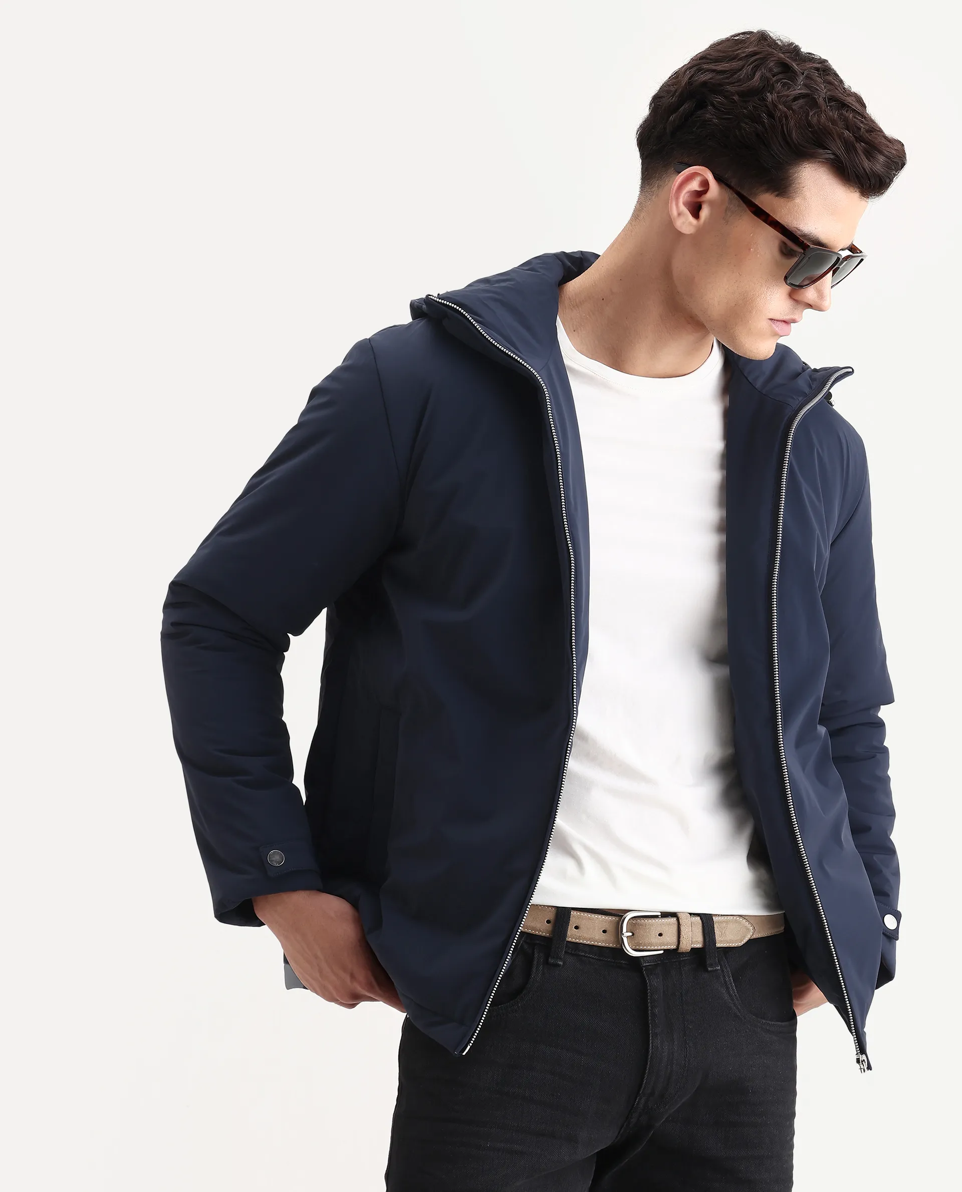 Rare Rabbit Men's Kost Navy Nylon Fabric High Neck Relaxed Fit Plain Jacket