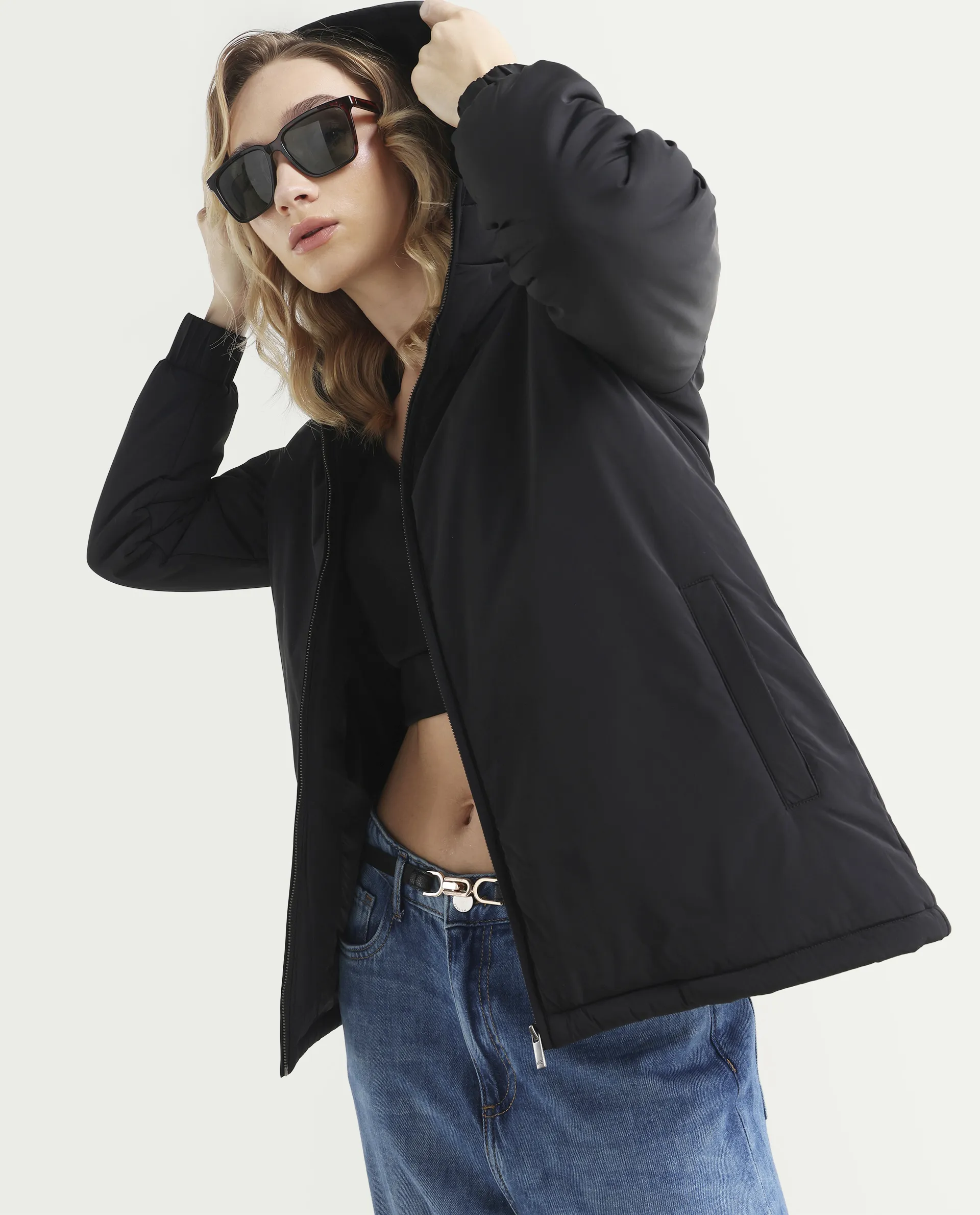 Rareism Women's Kosty Black Polyester Hoody Jacket Plain Jacket