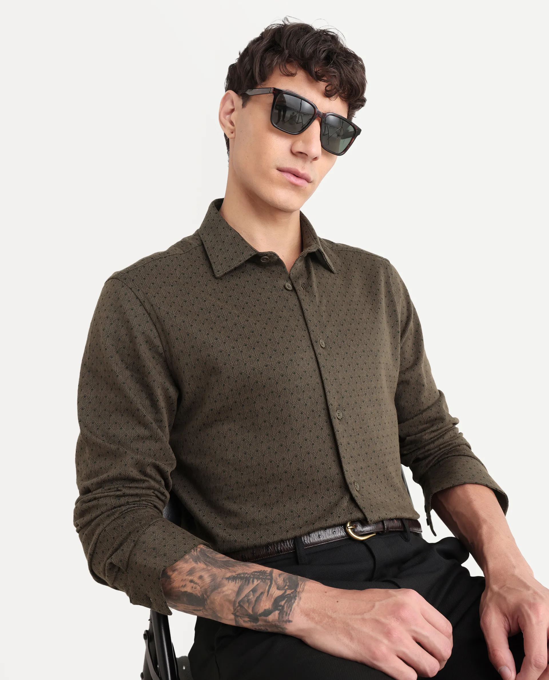 Rare Rabbit Men's Kupo Brown Cotton Blend Geometric Print Regular Fit Full Sleeve Collared Shirt