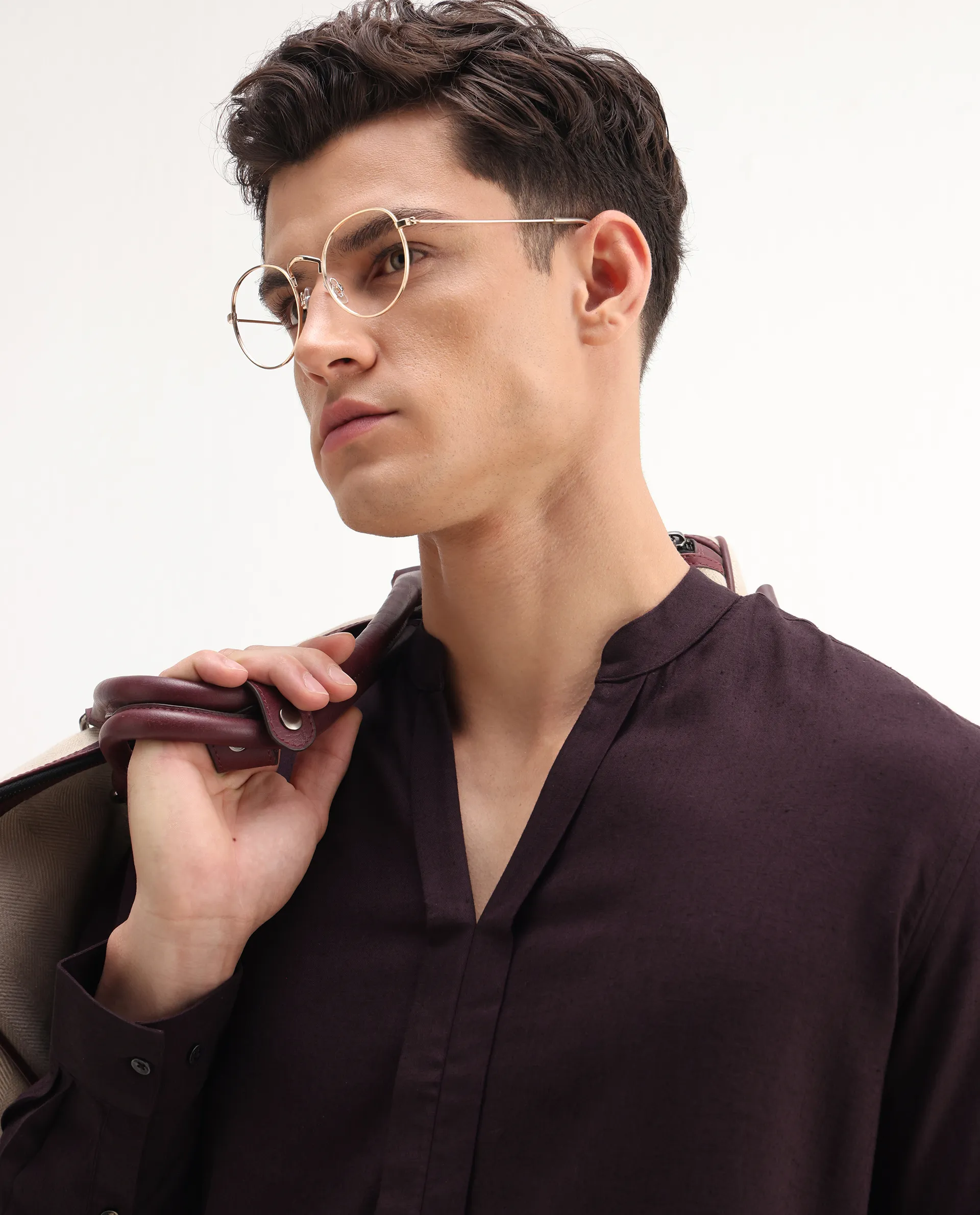 Rare Rabbit Men's Kurto 25 Dusky Maroon Linen Blend Plain Regular Fit Full Sleeve Mandarin Collar Shirt