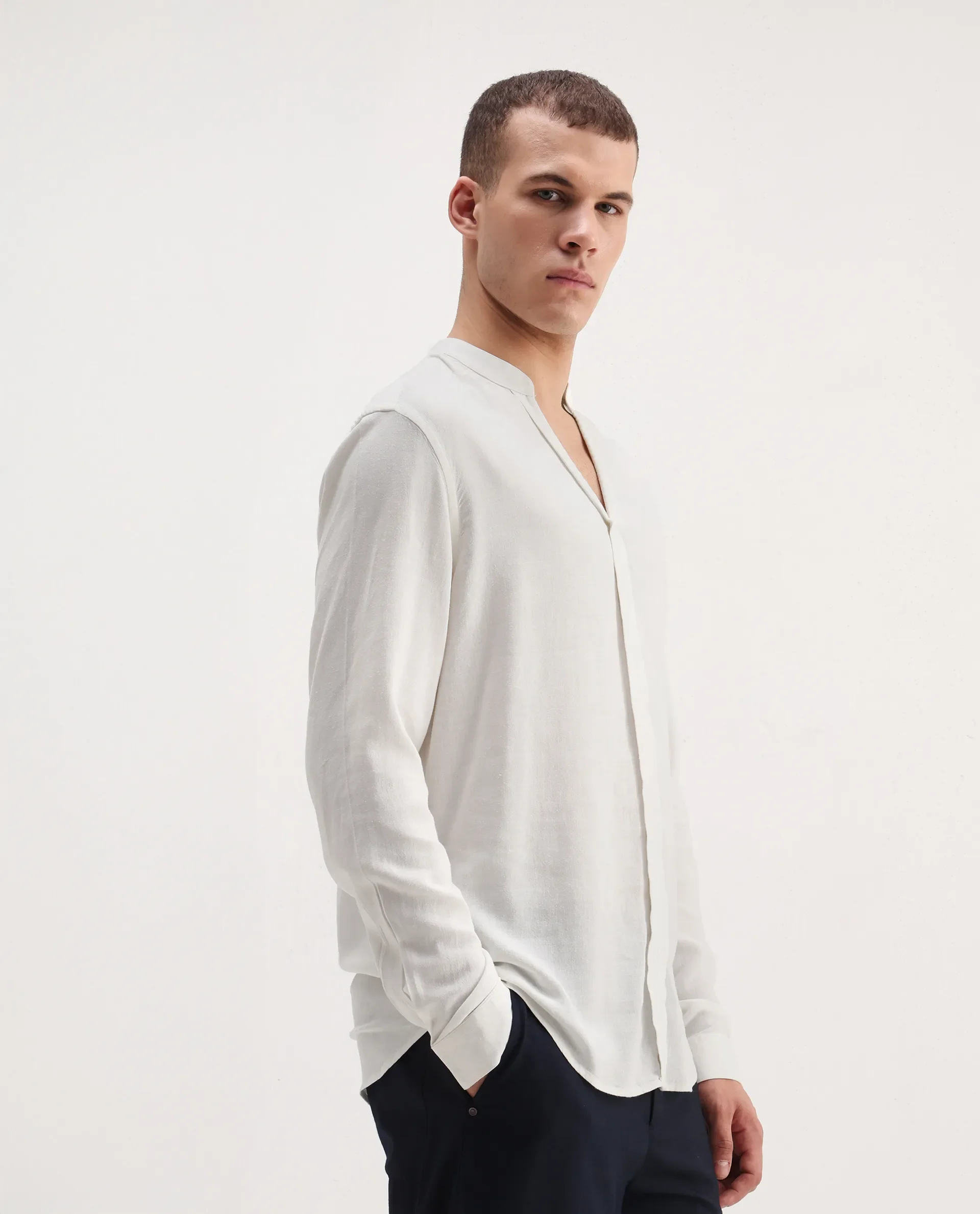 Rare Rabbit Men's Kurto 25 White Linen Blend Plain Regular Fit Full Sleeve Mandarin Collar Shirt - Image 7