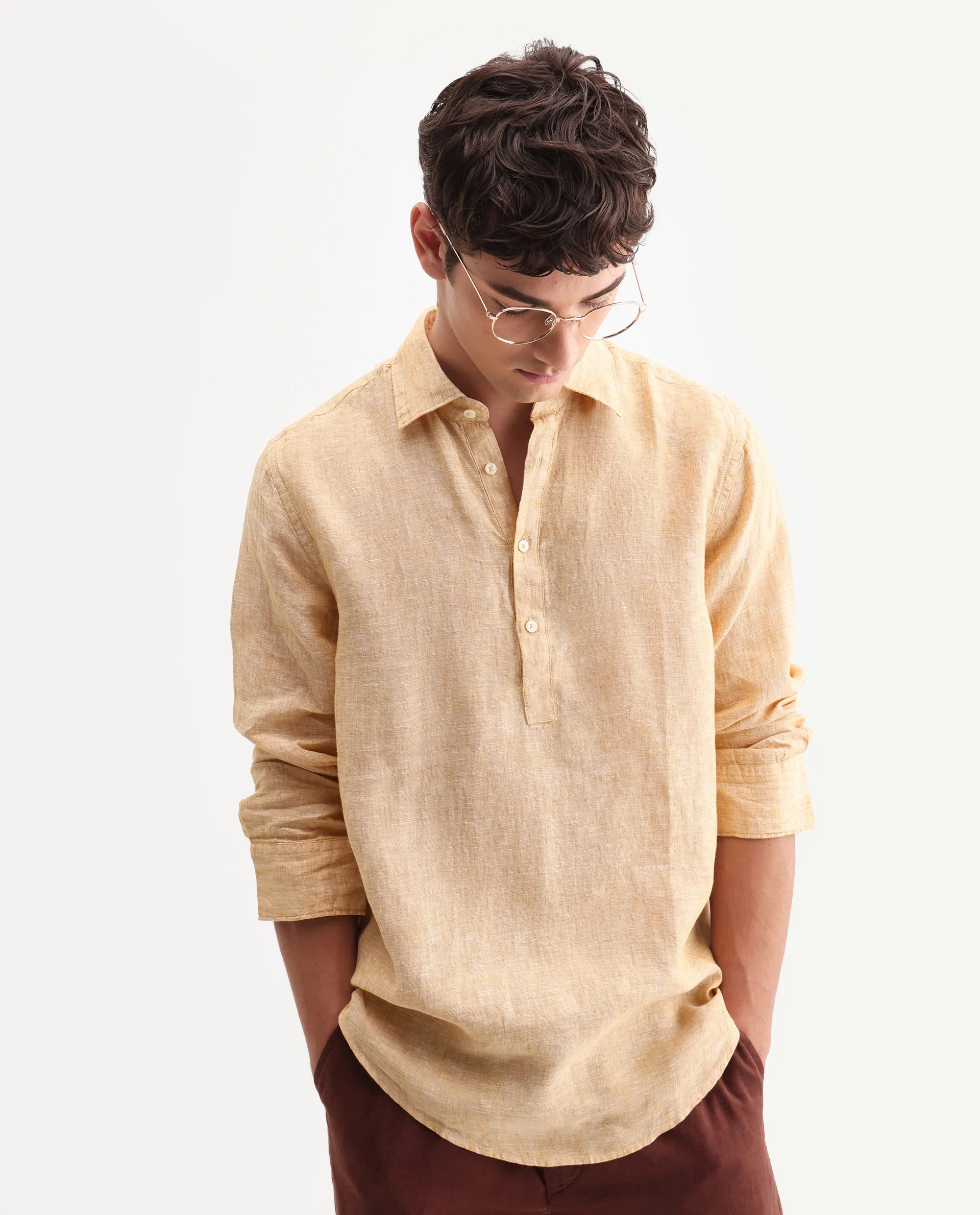 Rare Rabbit Men's Kurts Dusky Yellow 100% Linen Plain Regular Fit Full Sleeve Collared Shirt