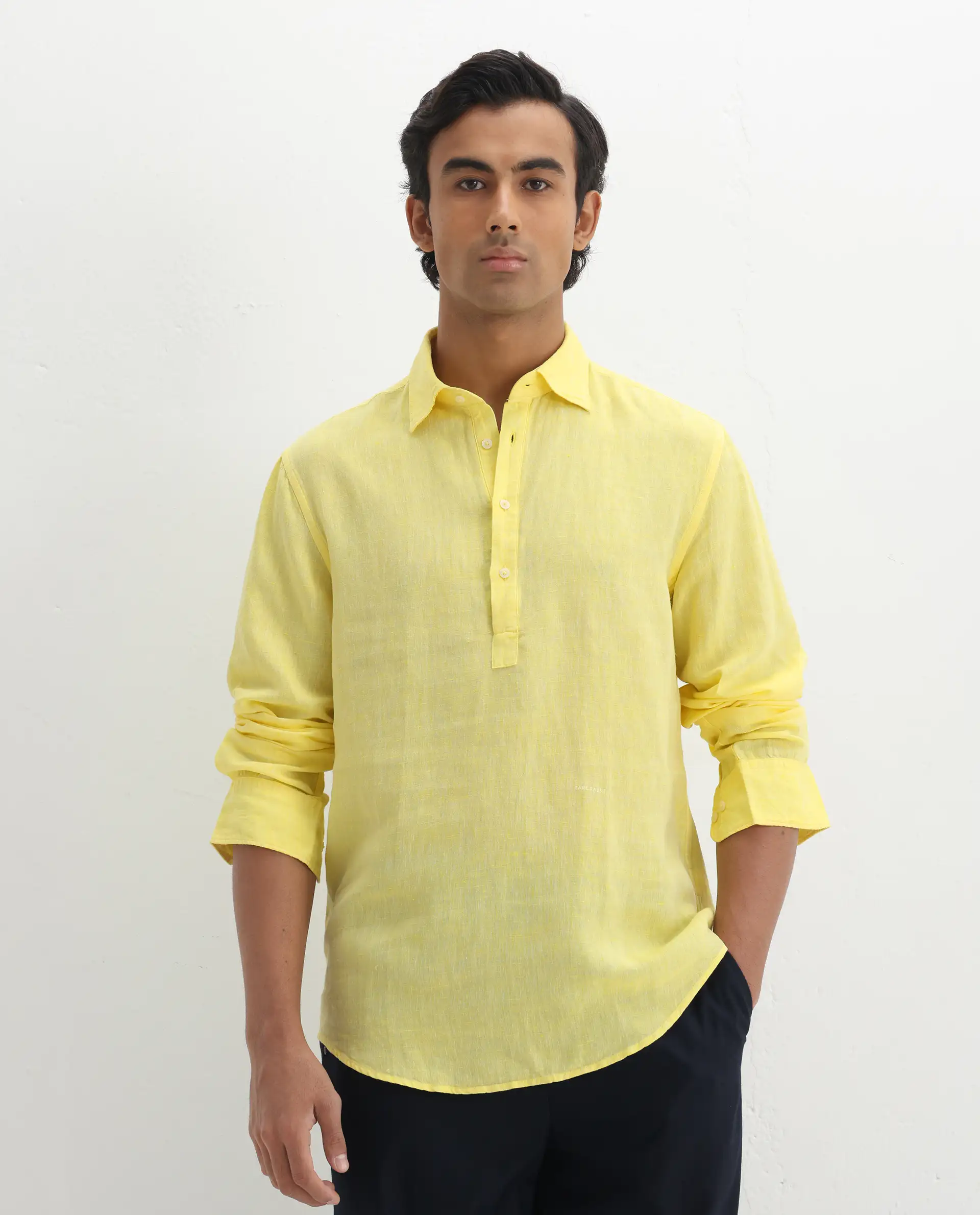 Rare Rabbit Men's Kurts Yellow Linen Plain Regular Fit Full Sleeve Collared Shirt - Image 6