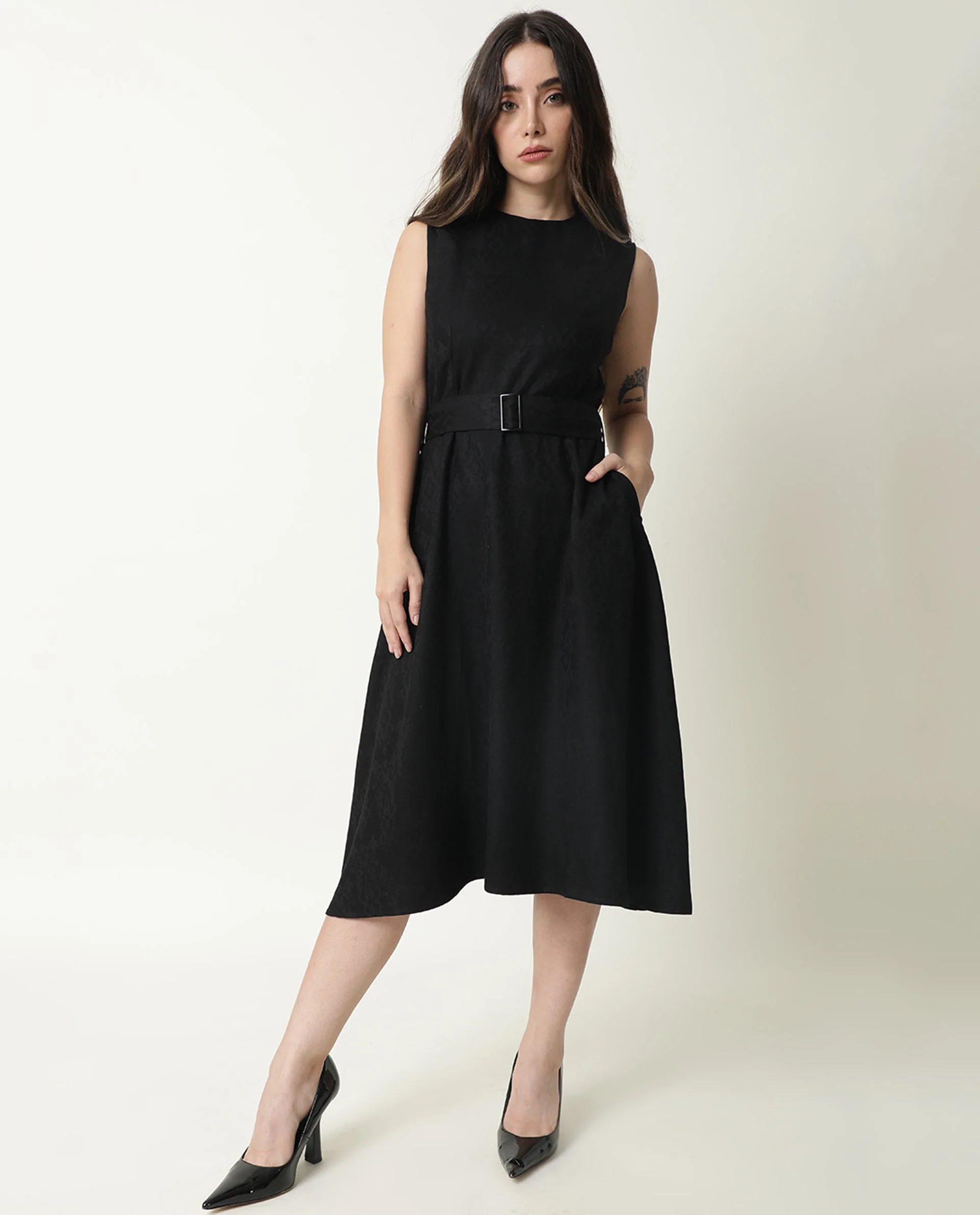 Rareism Women's Lacau Black Polyester Crew Neck Plain Sleeveless Midi Flared Dress