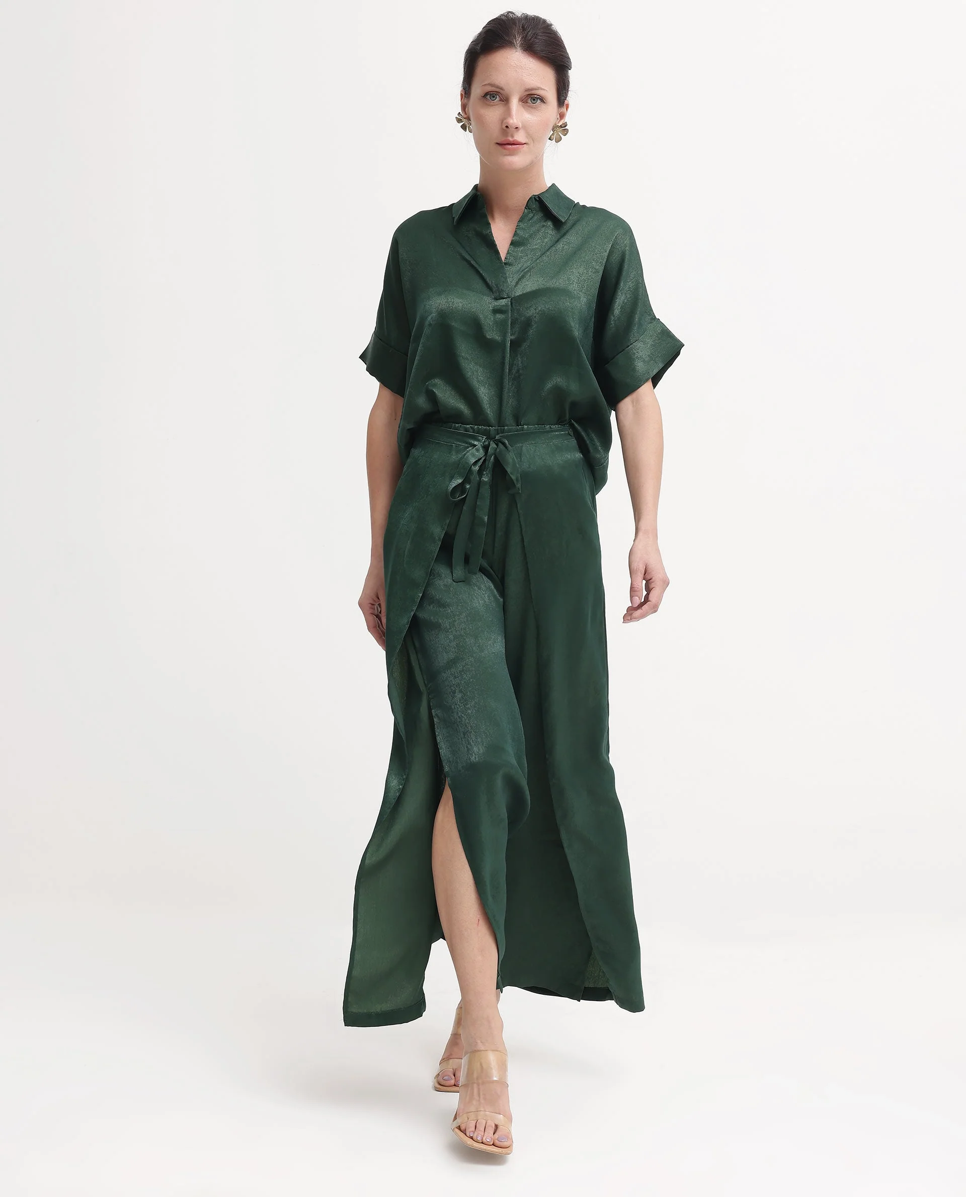 Rareism Women's Lamona-B Dark Green Polyester Plain Ankle Length Wide Trouser
