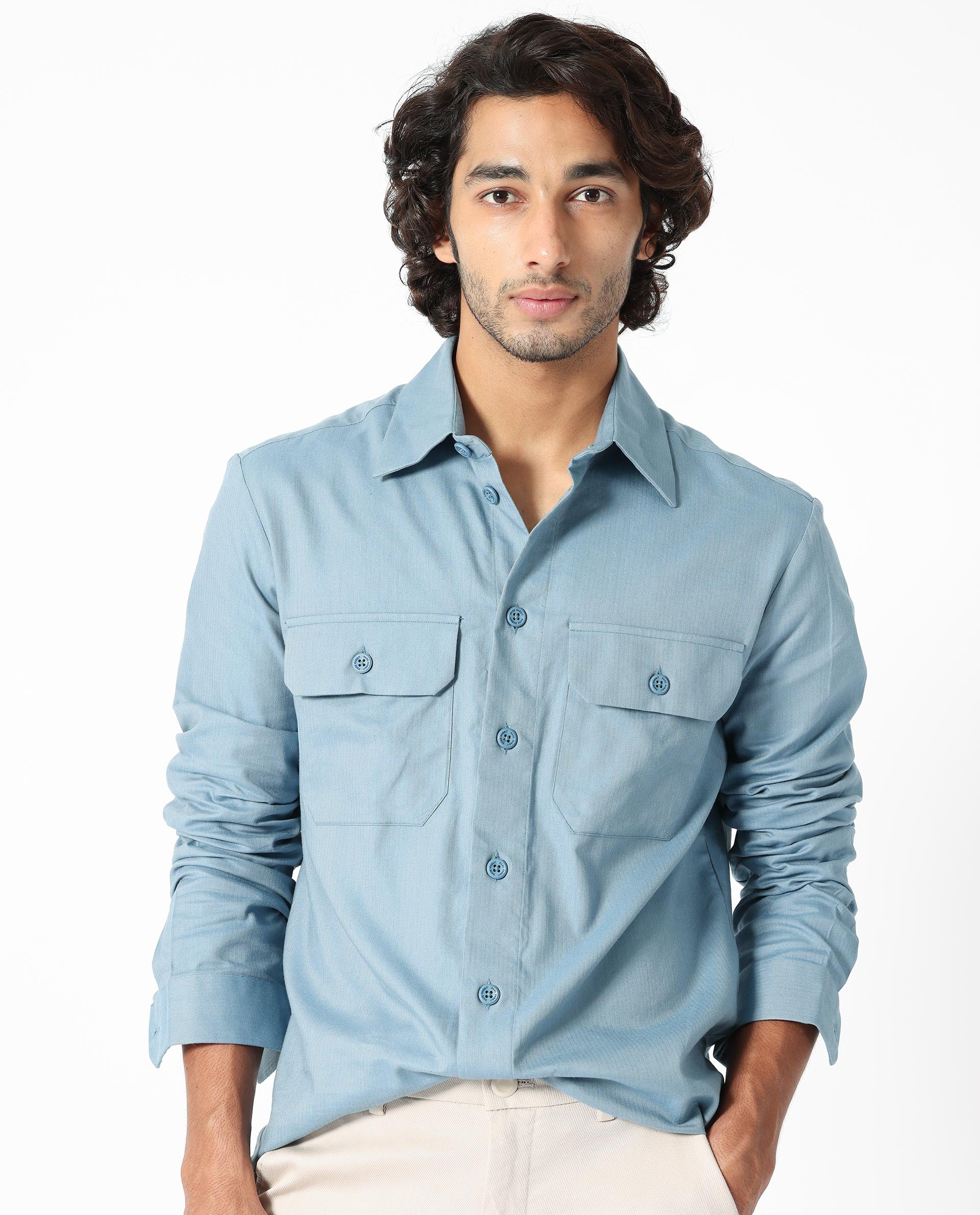 Rare Rabbit Men's Lampil Dusky Blue Cotton Plain Regular Fit Full Sleeve Collared Shirt
