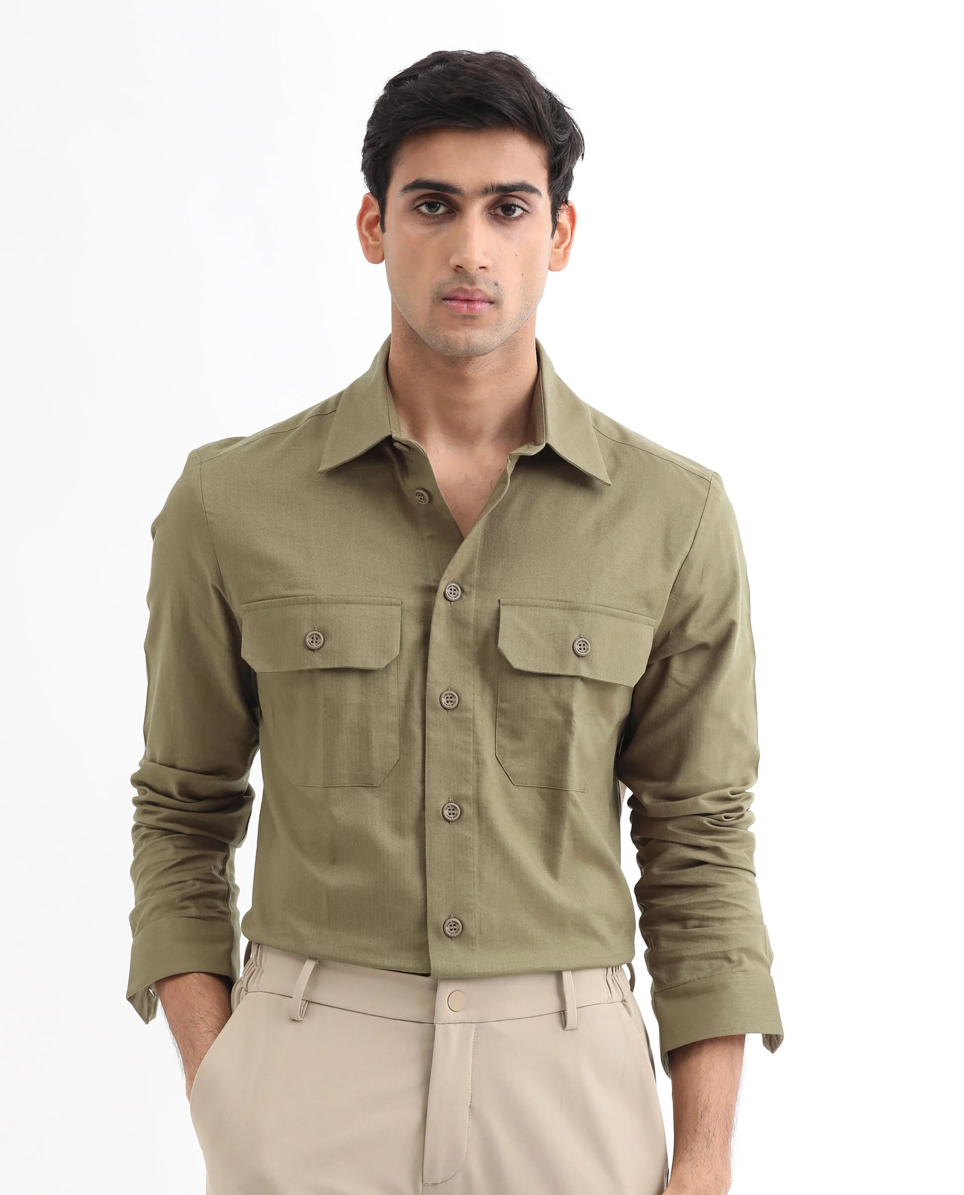 Rare Rabbit Men's Lampil Light Olive Cotton Plain Regular Fit Full Sleeve Collared Shirt
