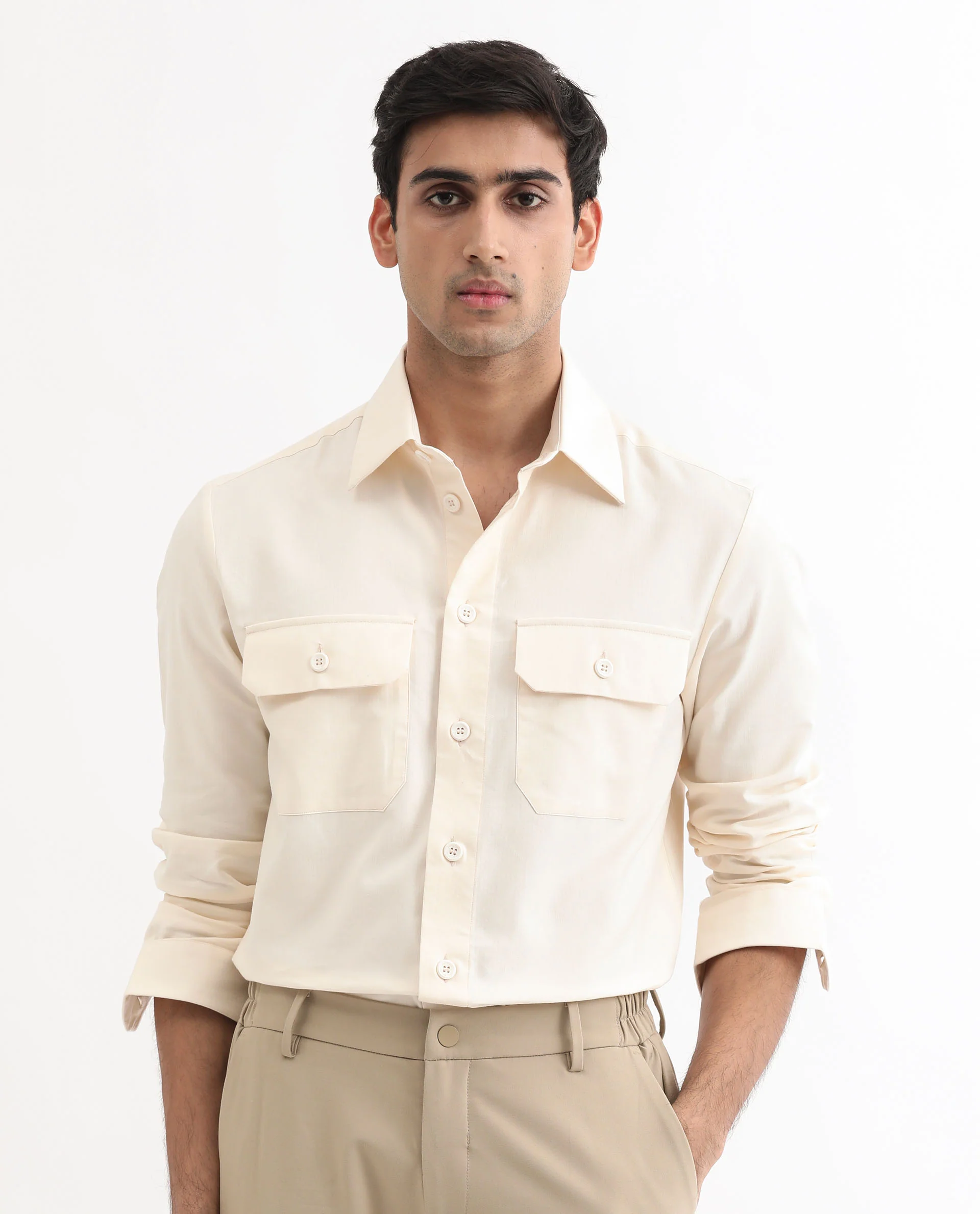 Rare Rabbit Men's Lampil Off White Cotton Plain Regular Fit Full Sleeve Collared Shirt