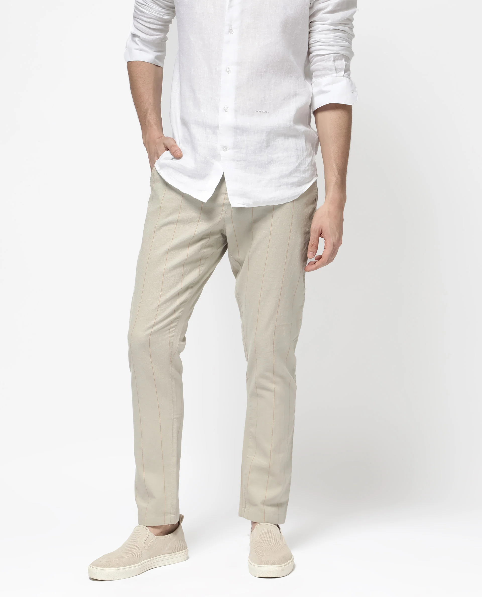Rare Rabbit Men's Lanac Beige Cotton Striped Print Regular Fit Trouser