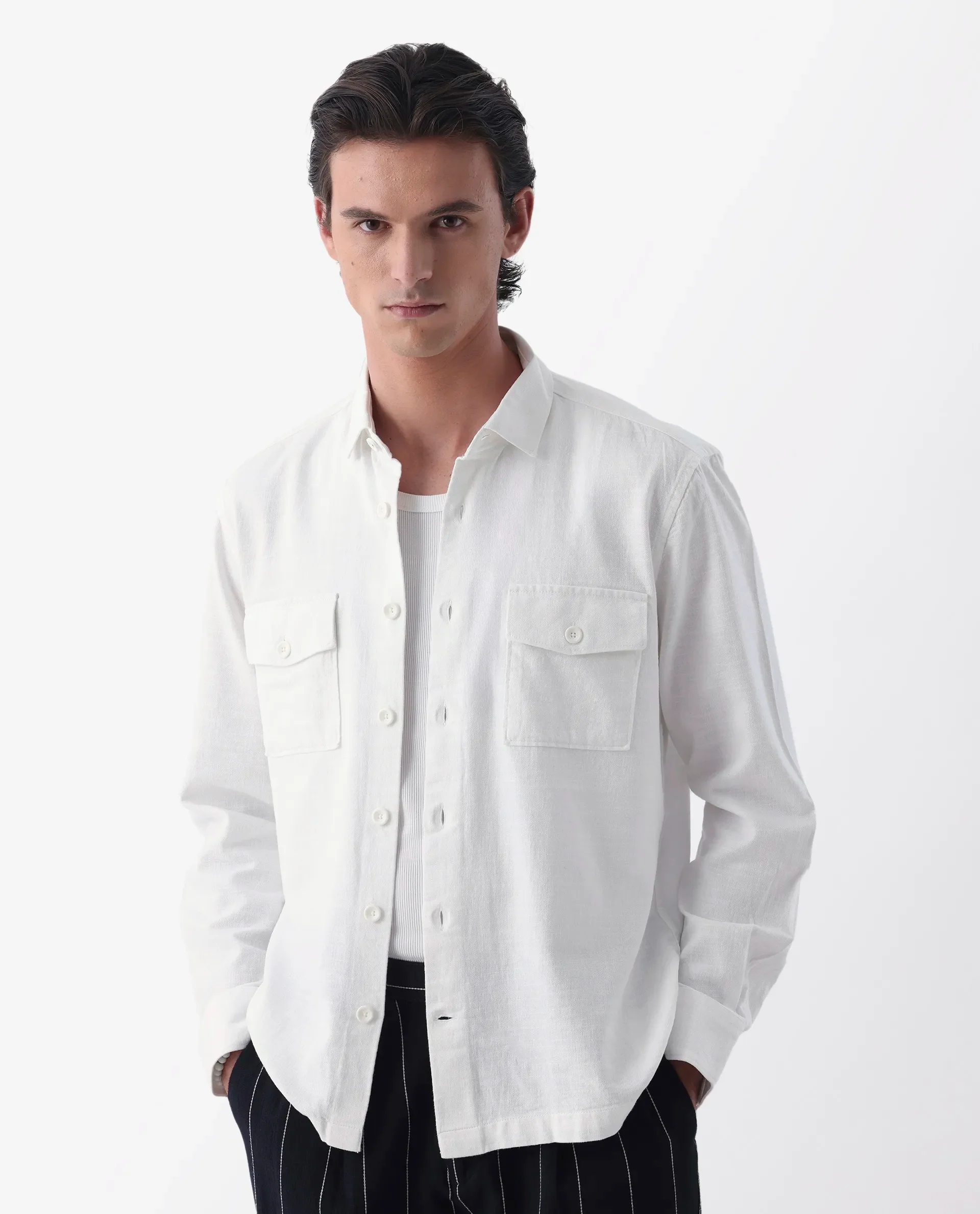 Rare Rabbit Men's Lang White Linen Blend Plain Regular Fit Full Sleeve Spread Collar Shirt