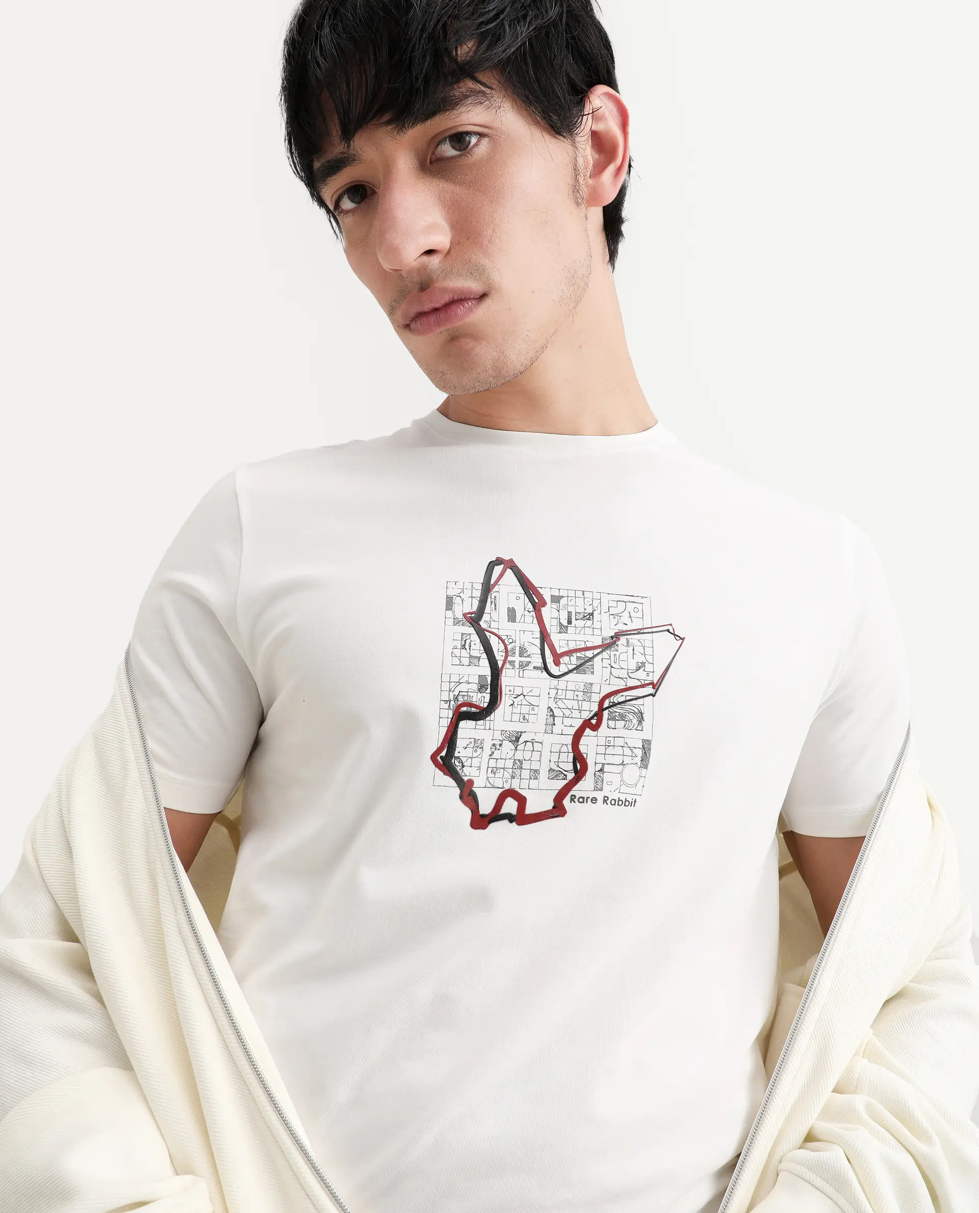 Rare Rabbit Men's Larri Off White Cotton Blend Fabric Half Sleeve Crew Neck Regular Fit Graphic Print T-Shirt