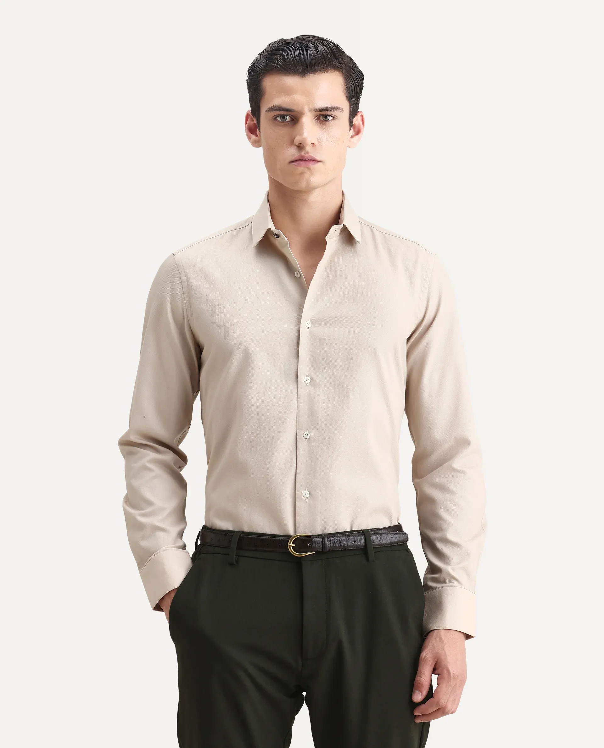 Rare Rabbit Men's Lasko Beige Cotton Plain Regular Fit Full Sleeve Collared Shirt