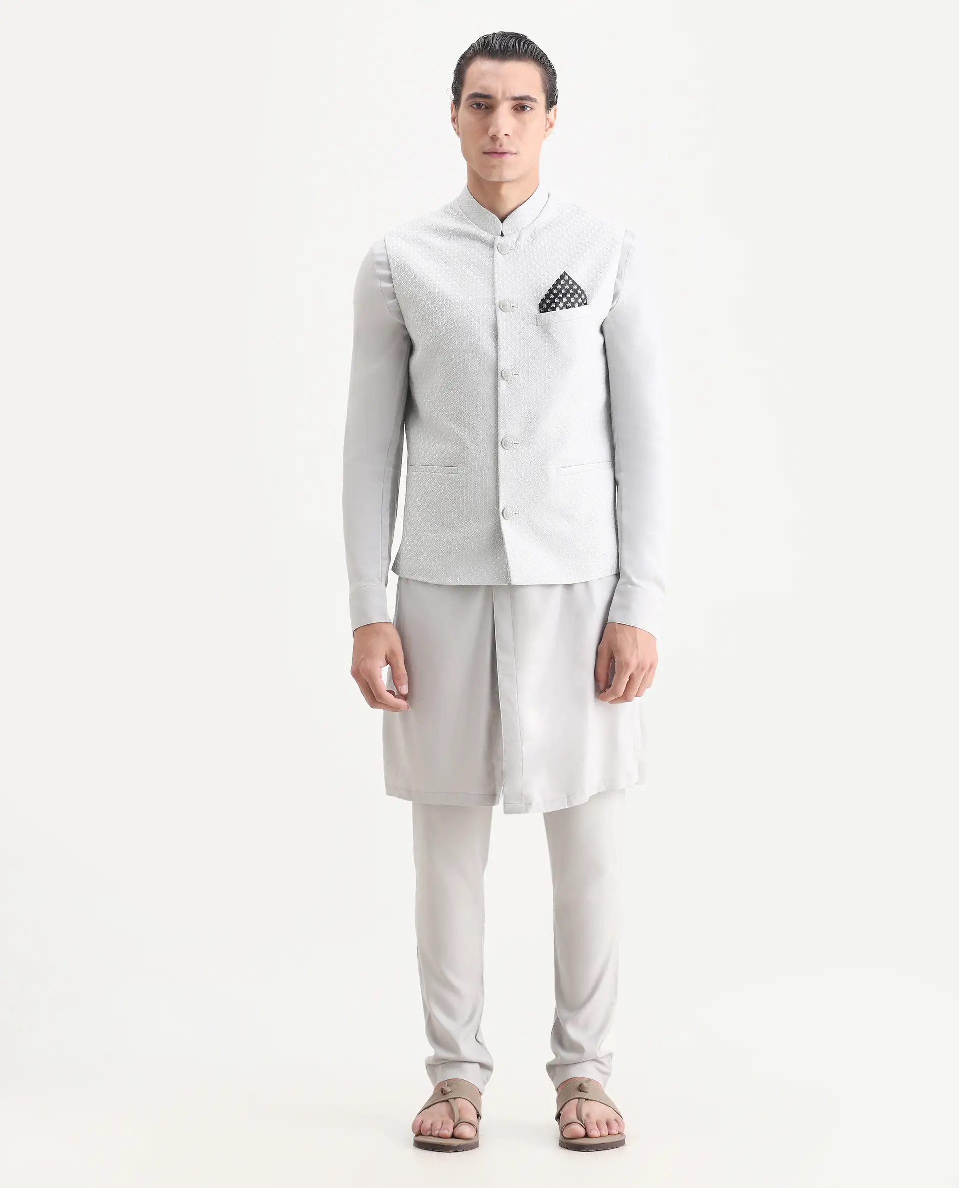 Rare Rabbit Men's Lasmos Kpb Light Grey Viscose Embroidered Regular Fit Full Sleeve Mandarin Collar Kurta Suit