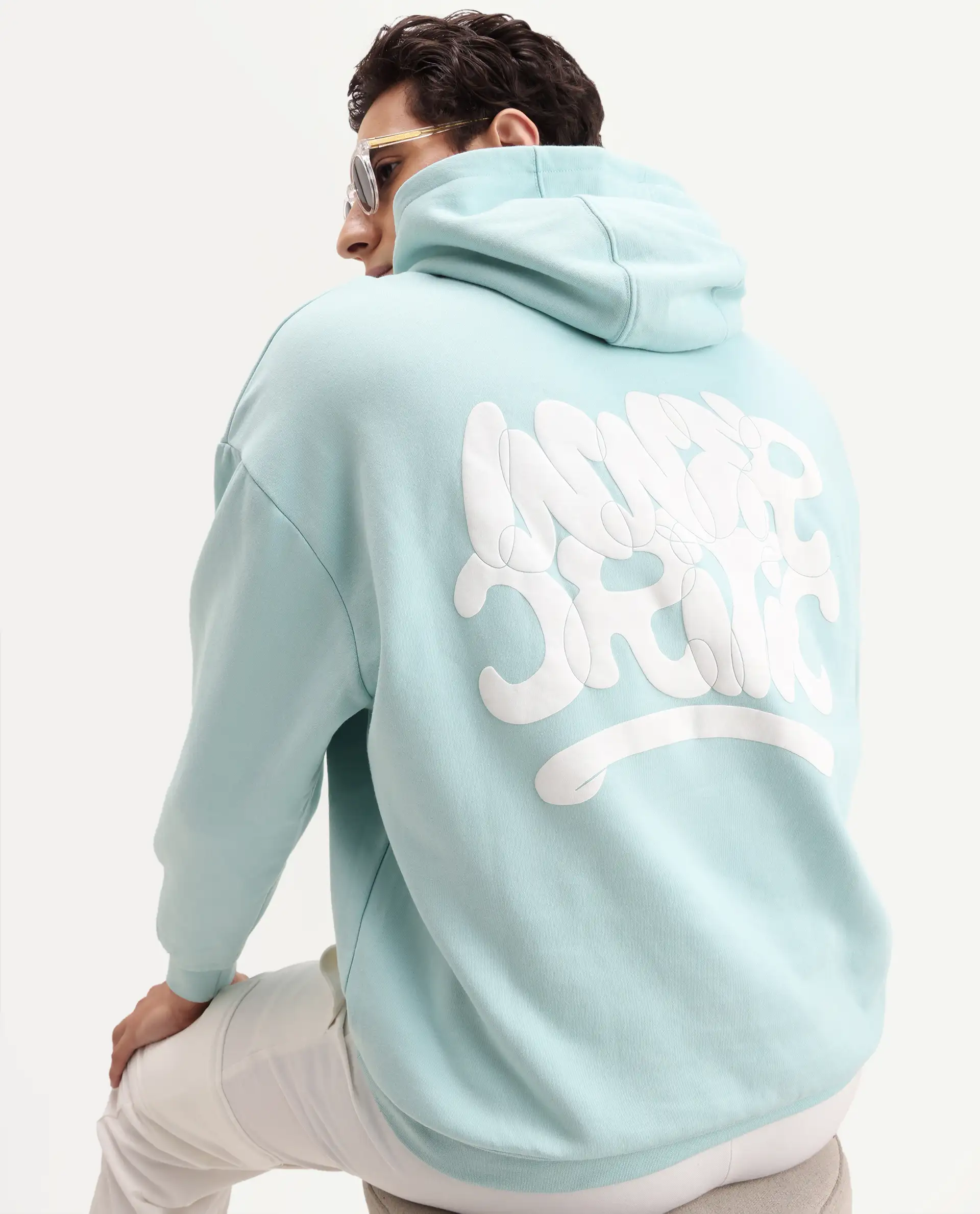Rare Rabbit Men's Laurl Light Turq Cotton Blend Typography Print Boxy Fit Full Sleeve Hooded Sweatshirt